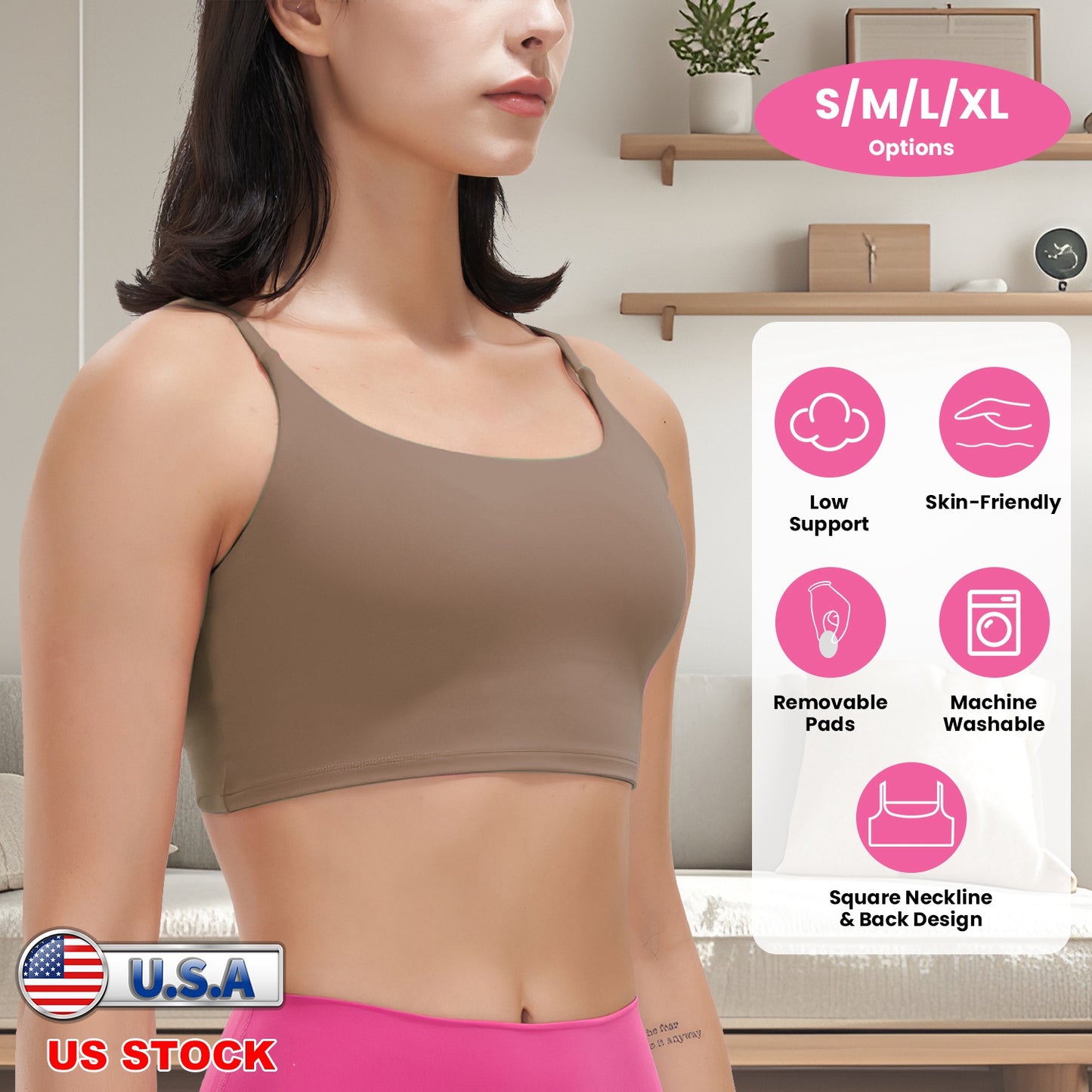 Women Strap Sport Bras Padded Strappy Crop Square Neck Low Impact Bras Sexy