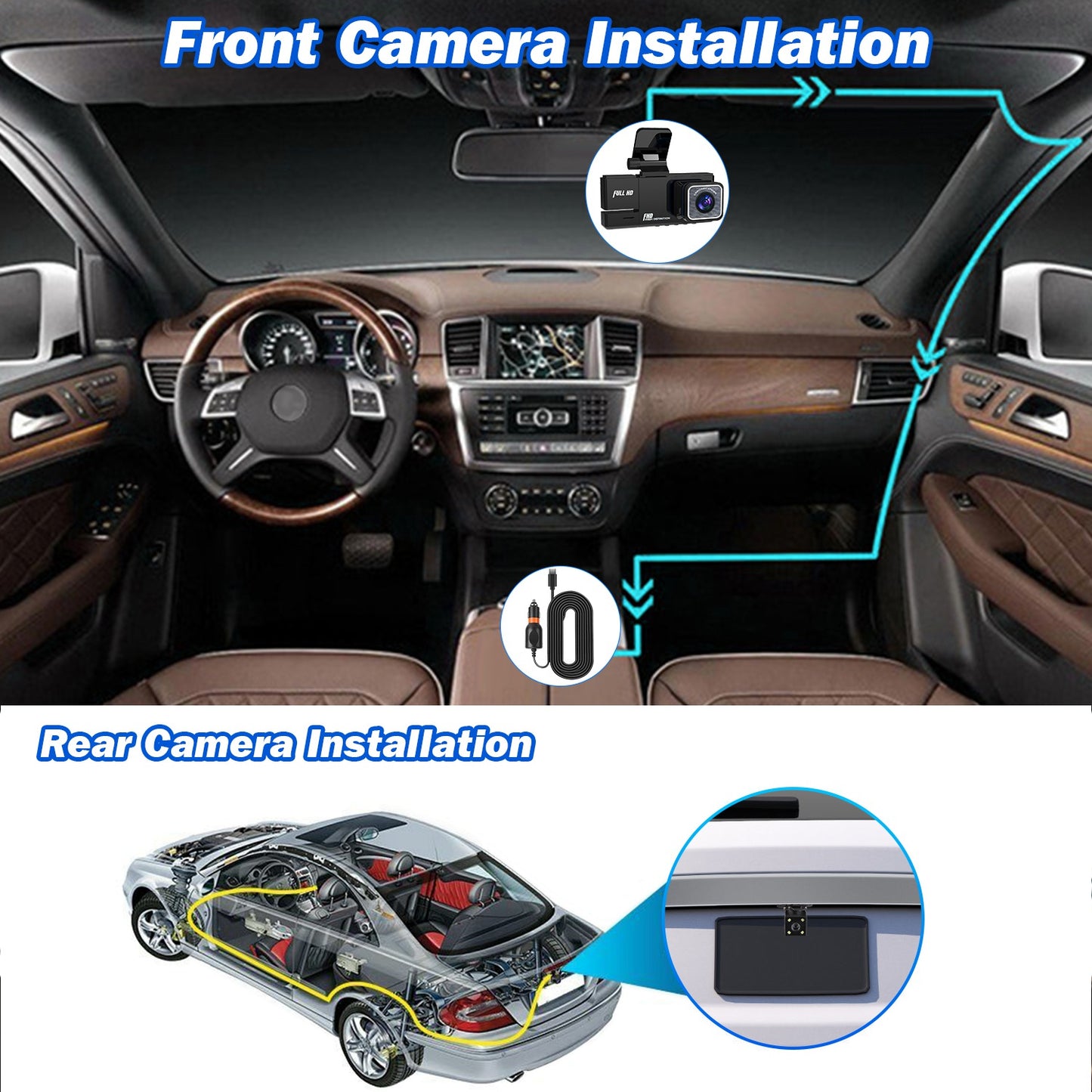 WiFi FHD 1080P Car Dash Cam 3 Channels Front Rear Inside Dash Camera with Loop