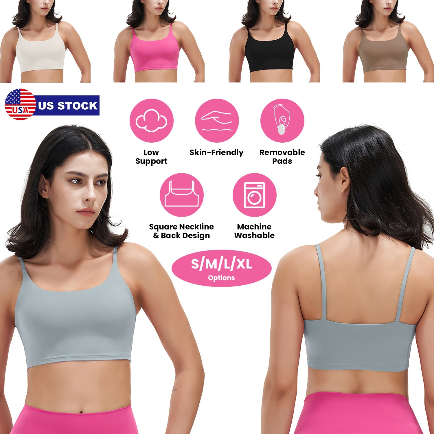 Women Strap Sport Bras Padded Strappy Crop Square Neck Low Impact Bras Sexy