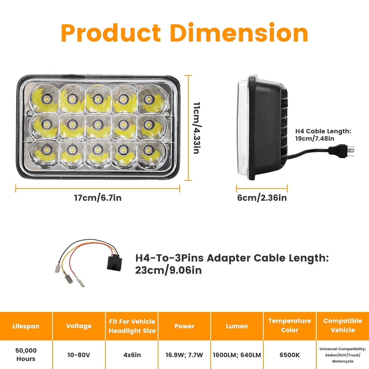 4x6in Car LED Headlights Vehicle Rectangular Headlamp with H4 Socket