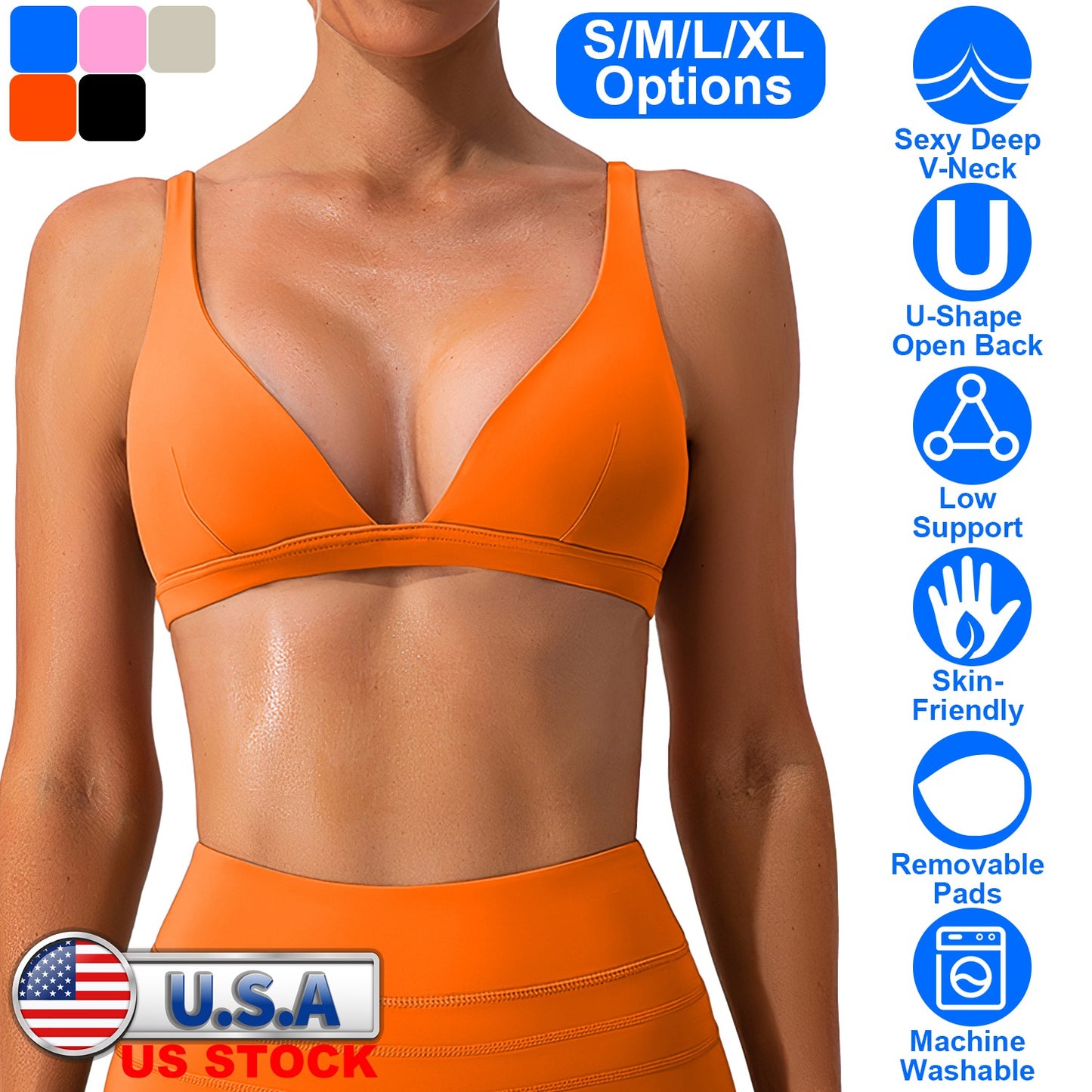 Women Deep V-Neck Sports Bras U-Shaped Back Sport Bras Padded Strappy Crop Open