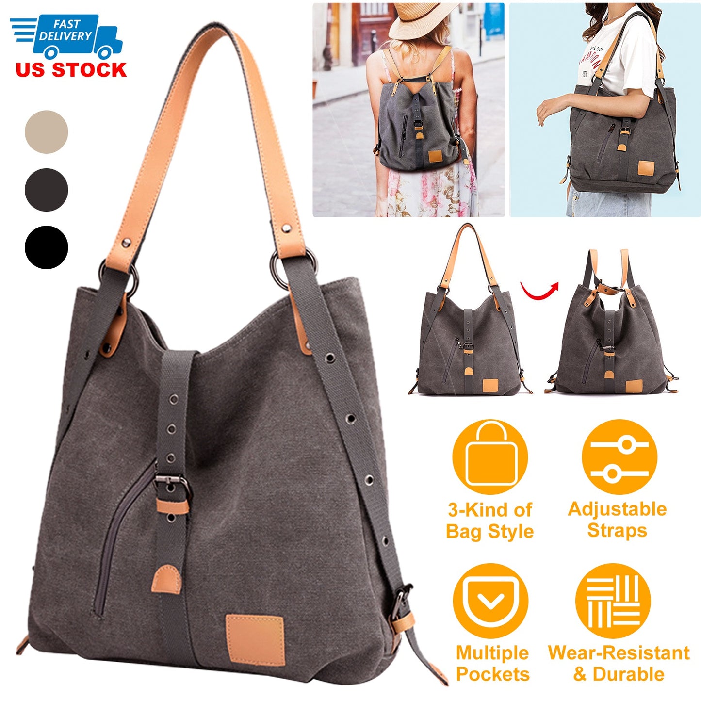 Ladies Canvas Tote Bag Multifunctional Purse Handbag Adjustable Shoulder