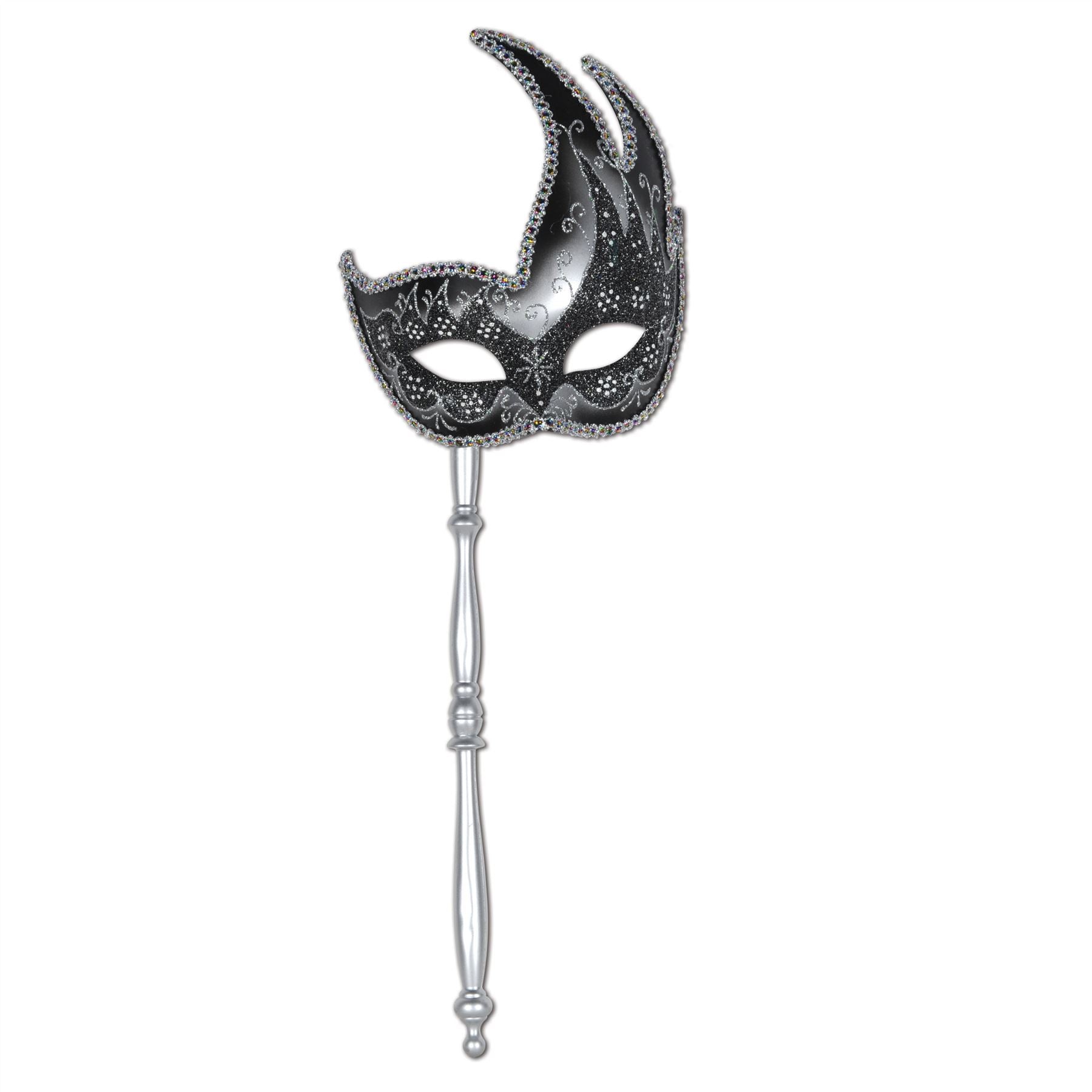 Beistle Silver and Black Glitter Mask w/ Stick - Mardi Gras | Party Supply