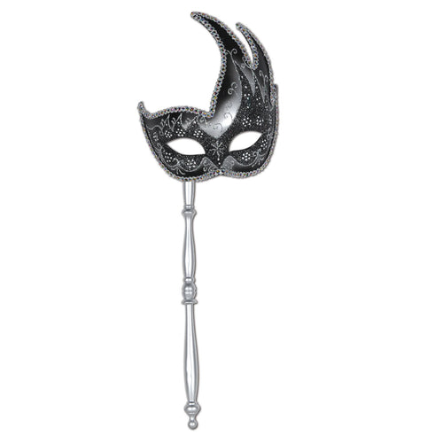Beistle Silver and Black Glitter Mask w/ Stick - Mardi Gras | Party Supply