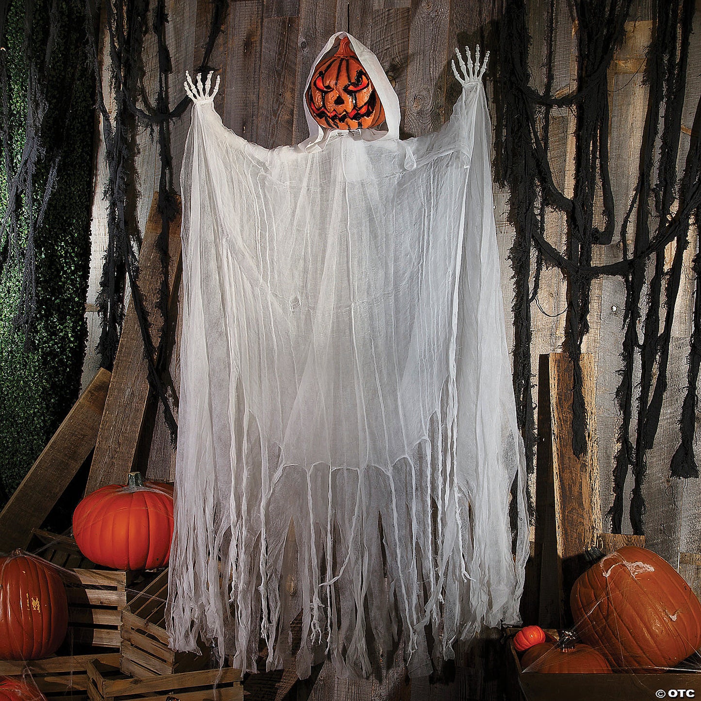 Mens | 66" Hanging Animated White Robe Pumpkin Man Halloween Decoration