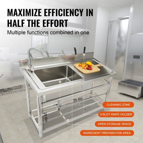 Stainless Steel Utility Sink 1 Compartment Free Standing Small Sink w/Workbench