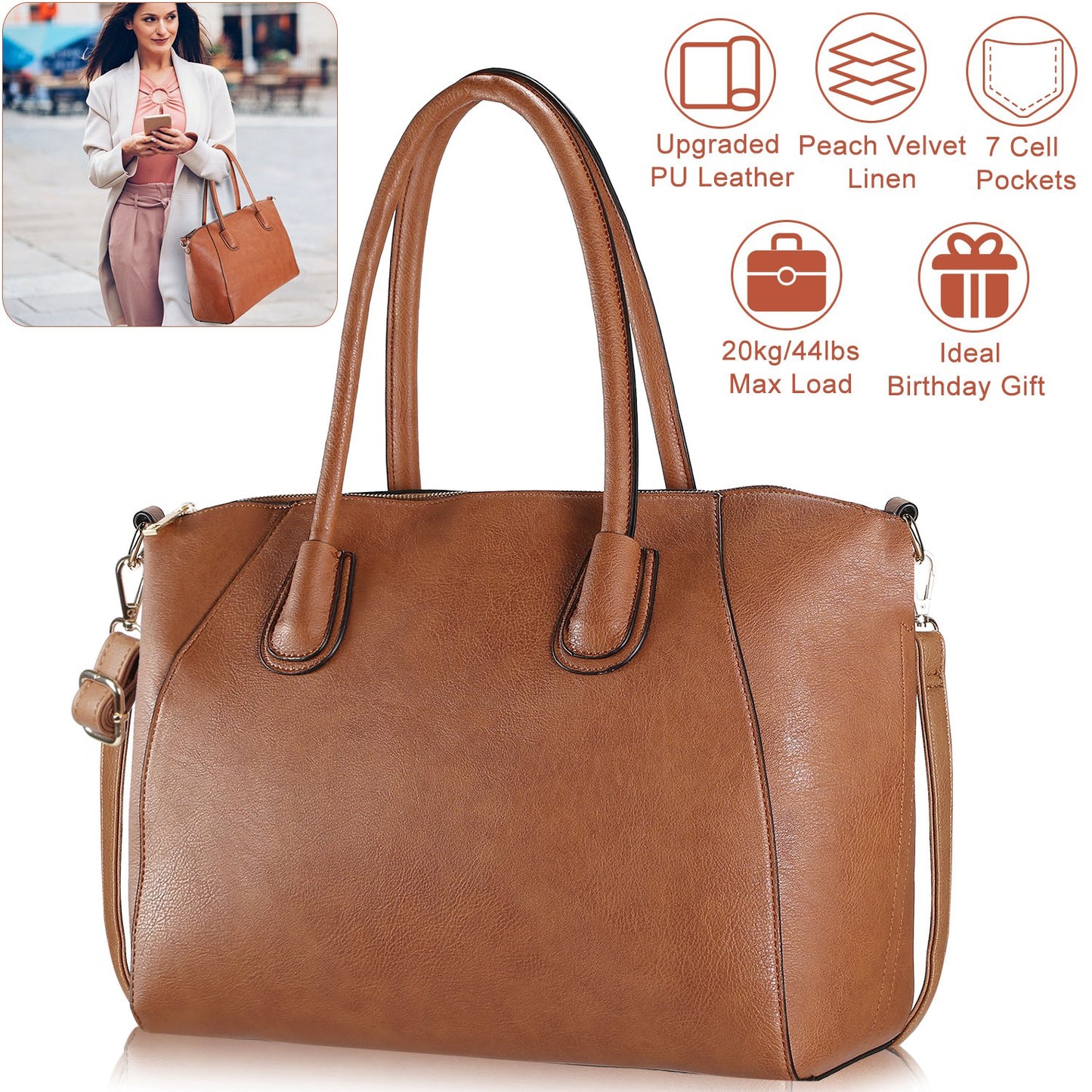 Women’s Soft Leather Handbag Tote Bags Large Shoulder Crossbody Bag 7 Cells