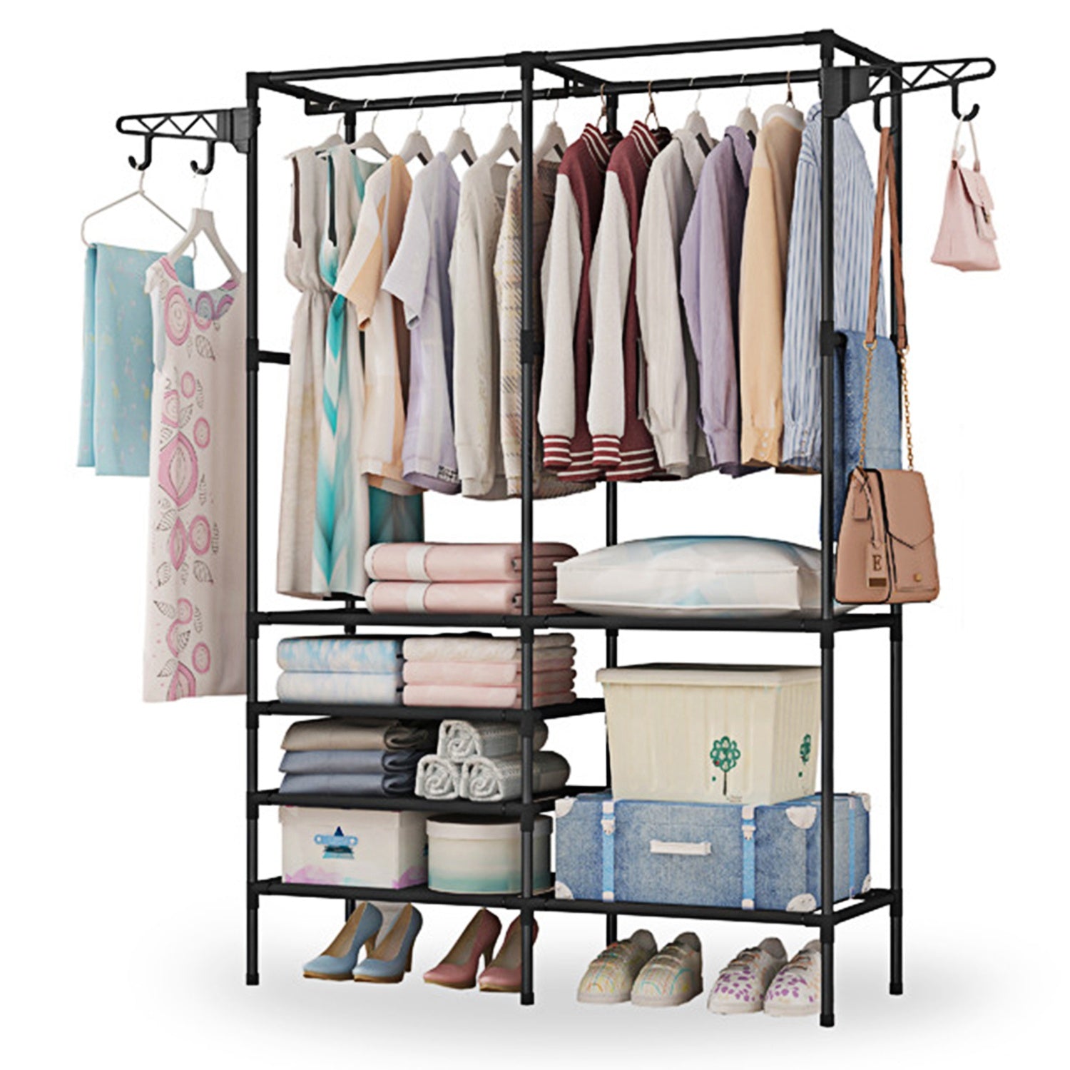 Metal Garment Rack Shoe Clothing Organizer Shelves Freestanding Multifuncti 6207