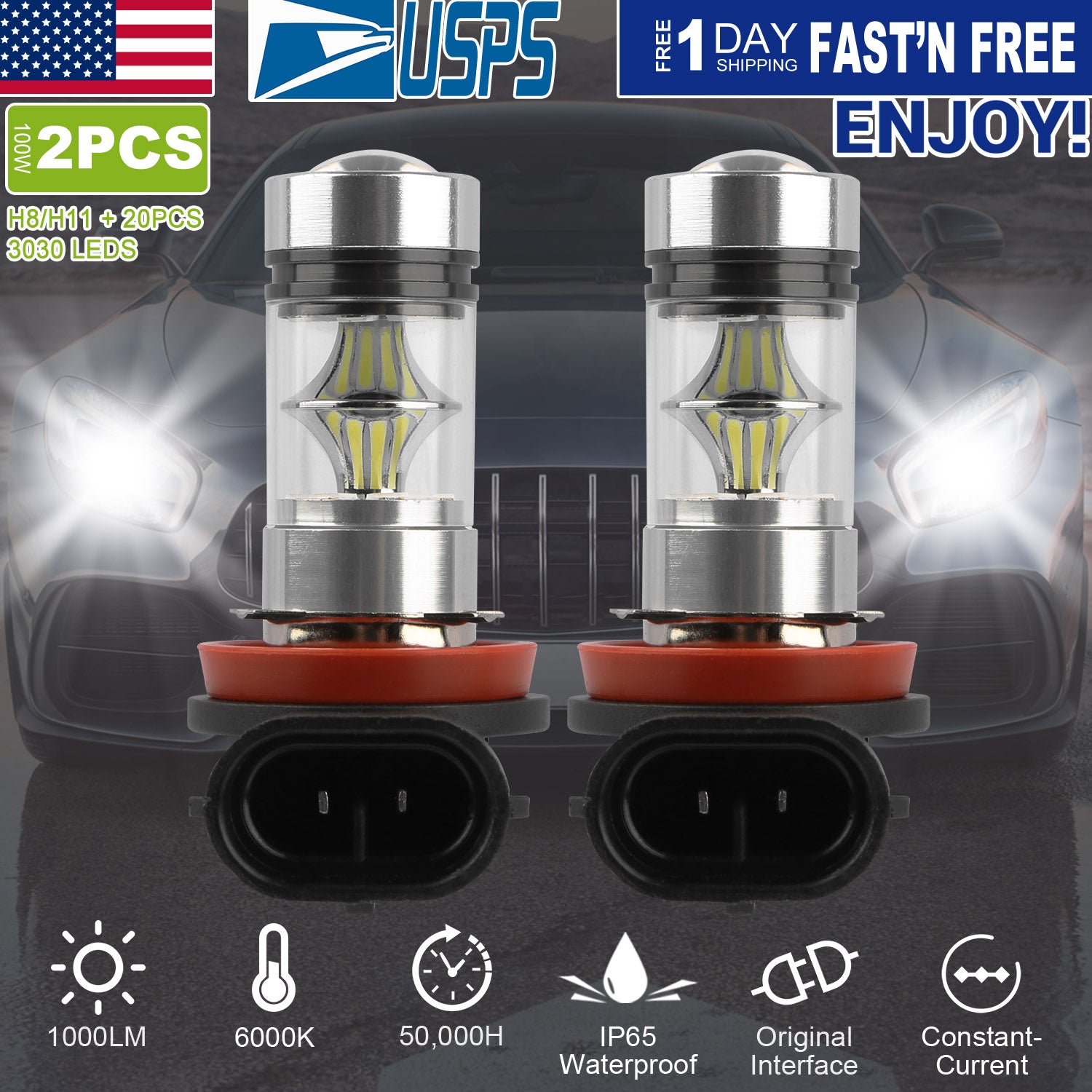 2PCS 1000lm 100W H8/H9/H11 LED Fog DRL Light Bulb IP65 Water-Resistant 360°