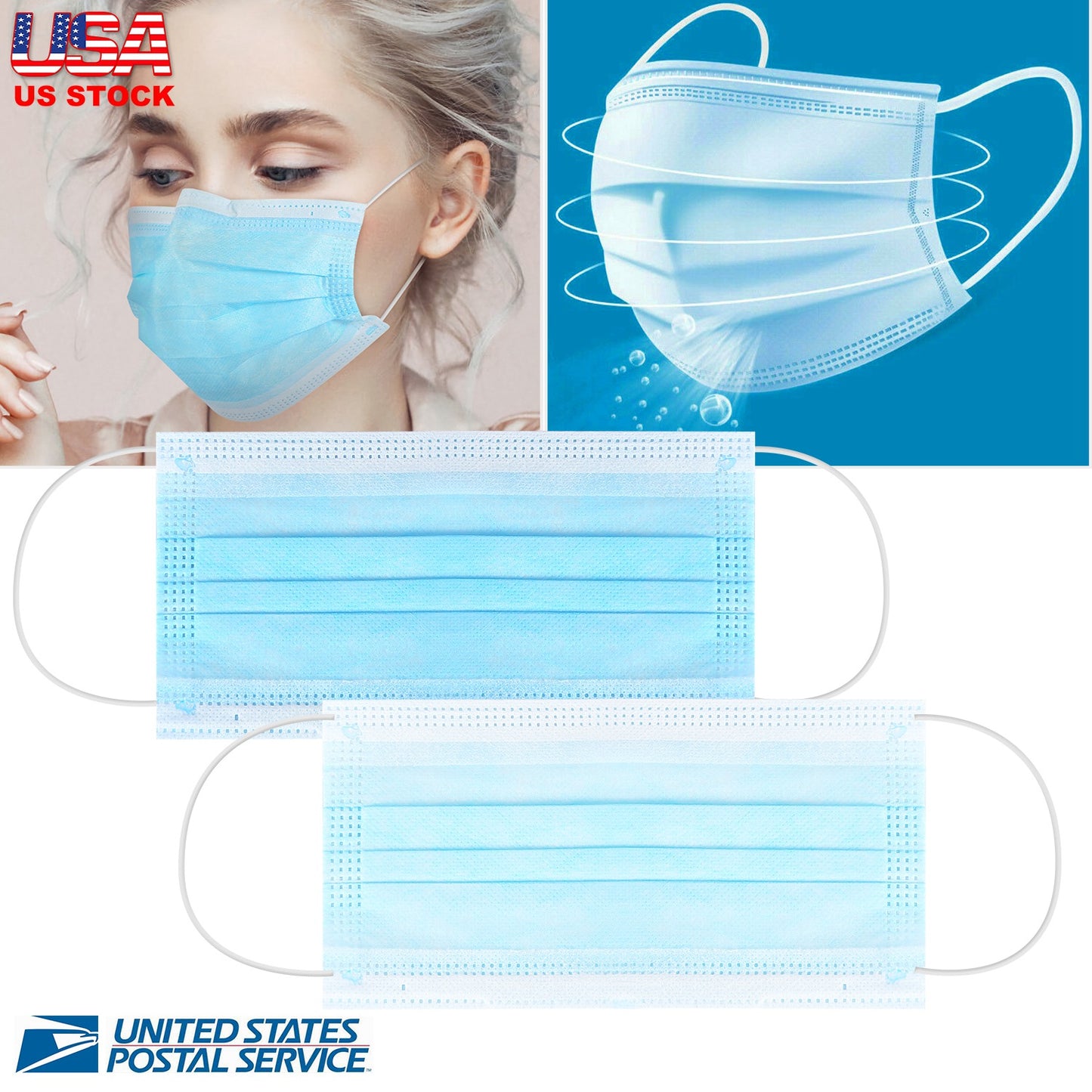 50Pcs 3-Layers Disposable Face Masks Elastic Earloop 95% Melt-Blown Filter