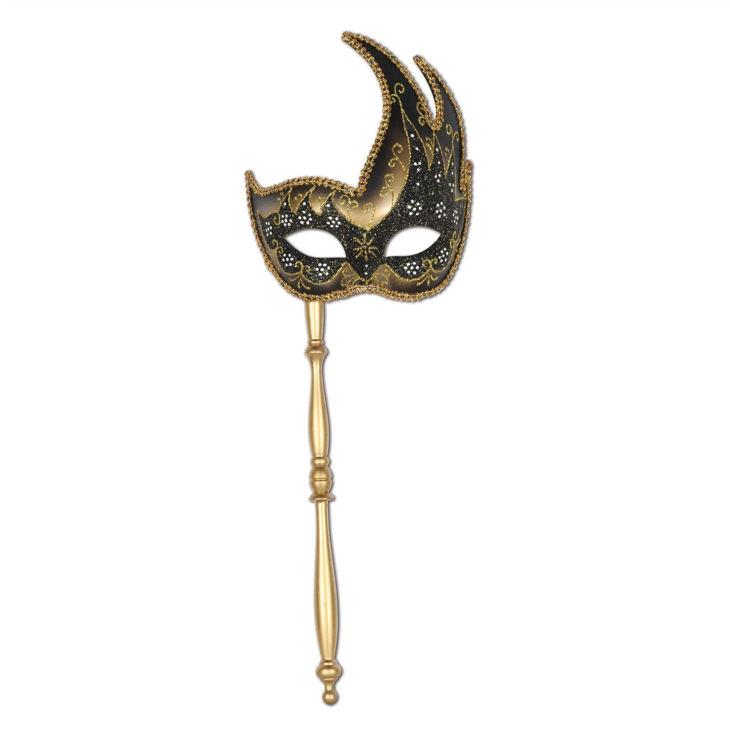 Beistle Gold and Black Glitter Mask w/ Stick - Mardi Gras | Party Supply