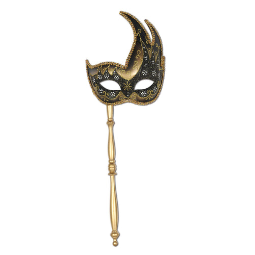 Beistle Gold and Black Glitter Mask w/ Stick - Mardi Gras | Party Supply