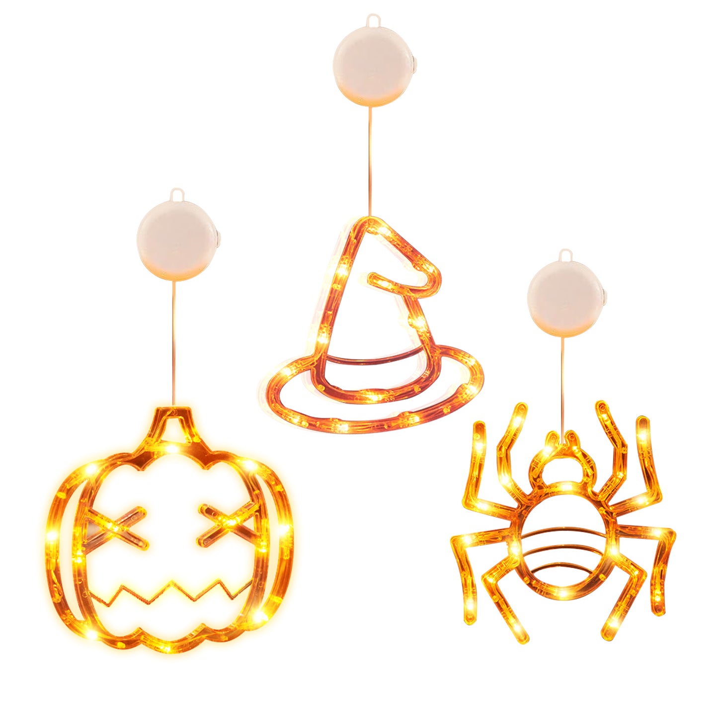 3 Pack Halloween Window Light Spider Witch Hat Pumpkin with Orange Light