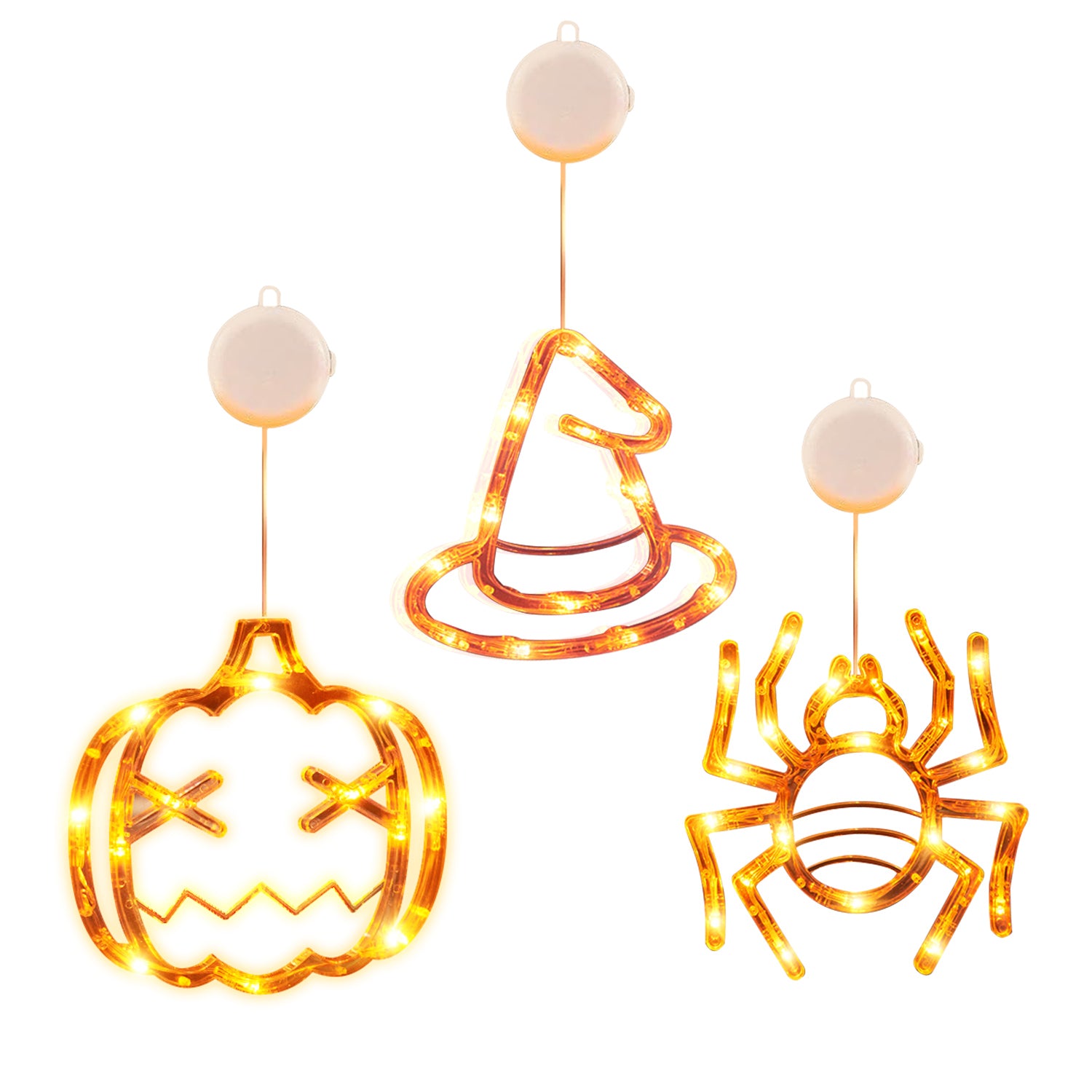 3 Pack Halloween Window Light Spider Witch Hat Pumpkin with Orange Light