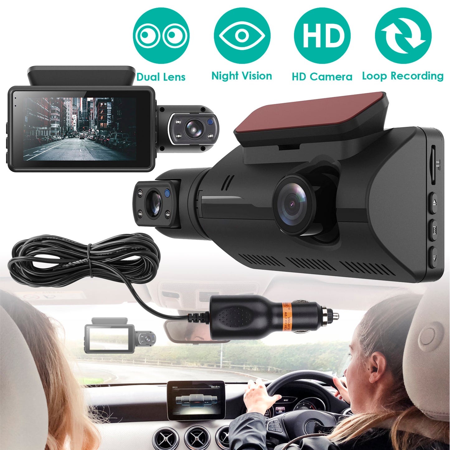 Dual Lens Car DVR Dash Cam Video Recorder 720P Front Inside Camera Loop