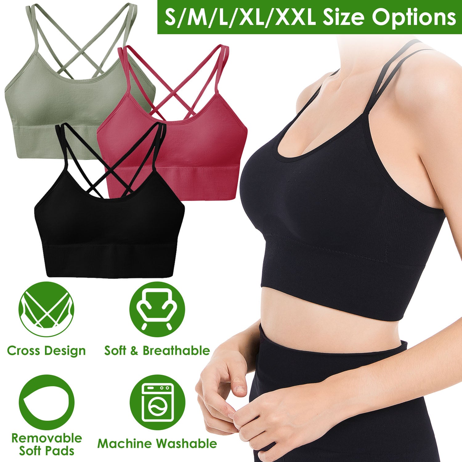3Packs Women Cross Back Sport Bras Padded Strappy Medium Support Bras Sexy