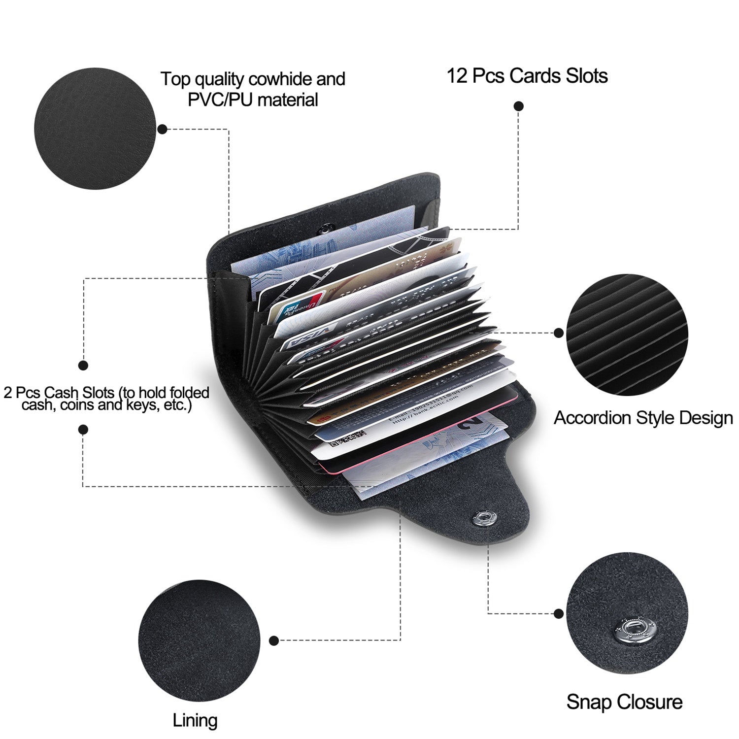 Credit Card Holder Wallet PU Leather Snap Closure Purse Accordion Case with 12