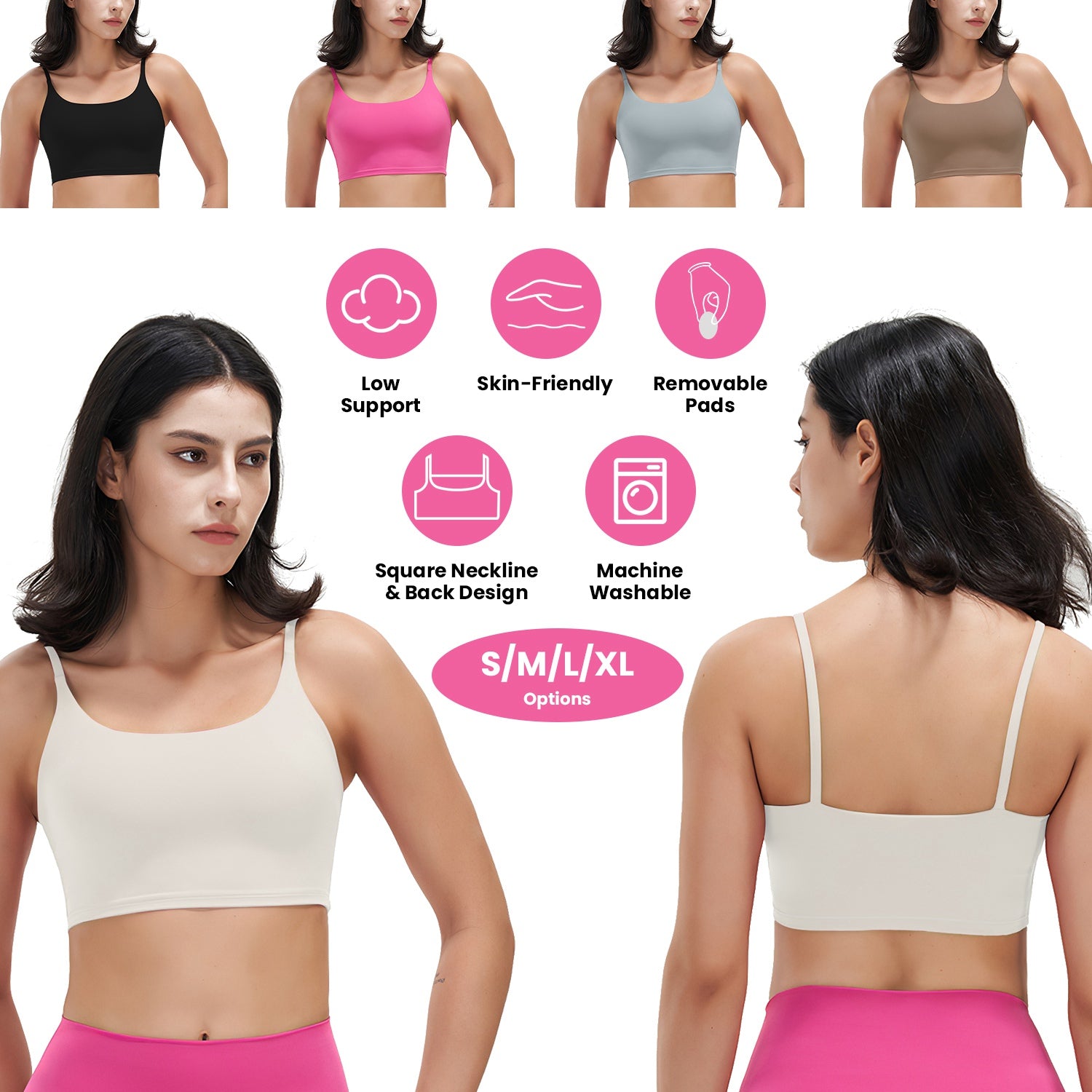 Women Strap Sport Bras Padded Strappy Crop Square Neck Low Impact Bras Sexy