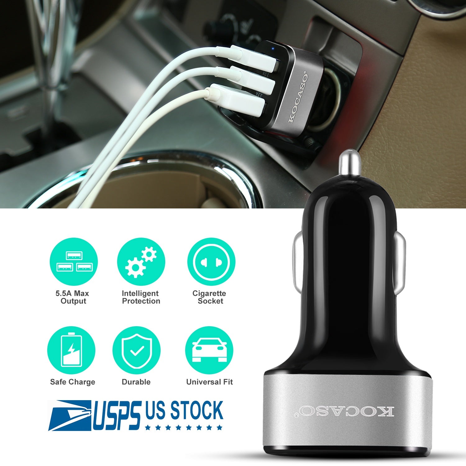 USB Car Charger 30W 5.5A 3 USB Port Cigarette Lighter Charger Adapter For