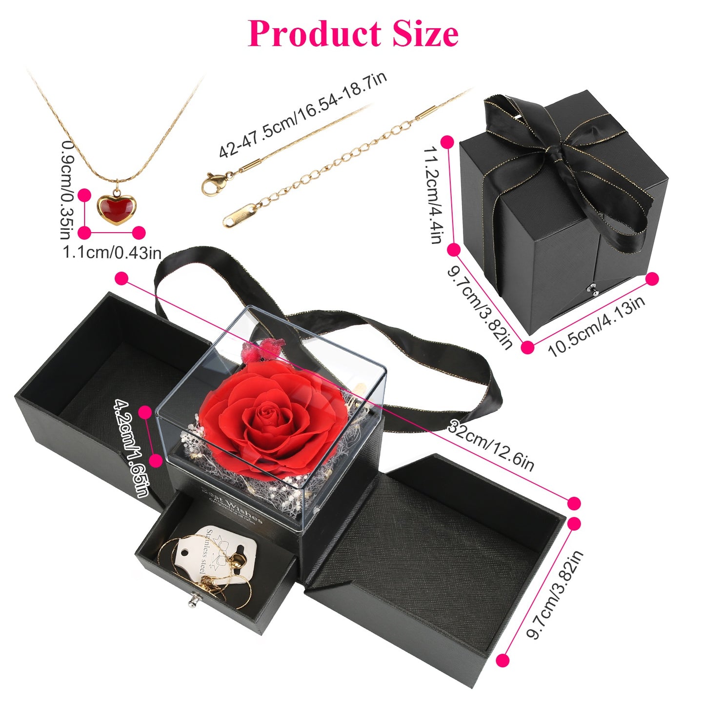 Preserved Red Real Rose with Heart Necklace Eternal Flowers Rose with Golden