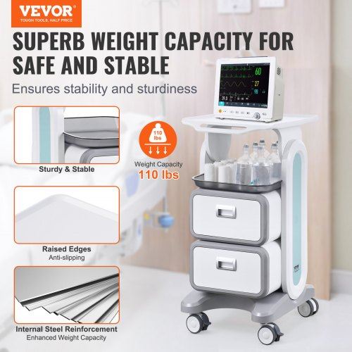 3 Tiers Lab Carts Mobile Medical Cart with 2 Drawers & 1 Top Tray White Trolley