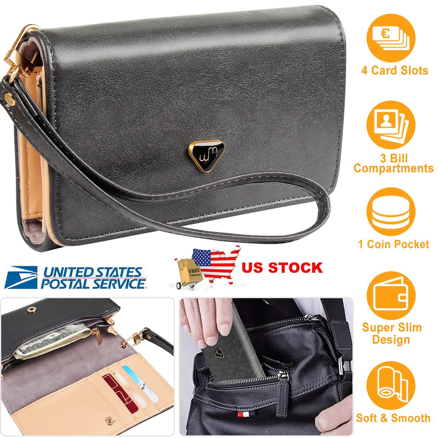 Women Wristlet Wallet PU Leather Lady Purse Credit Card Holder 4 Card Slots 3