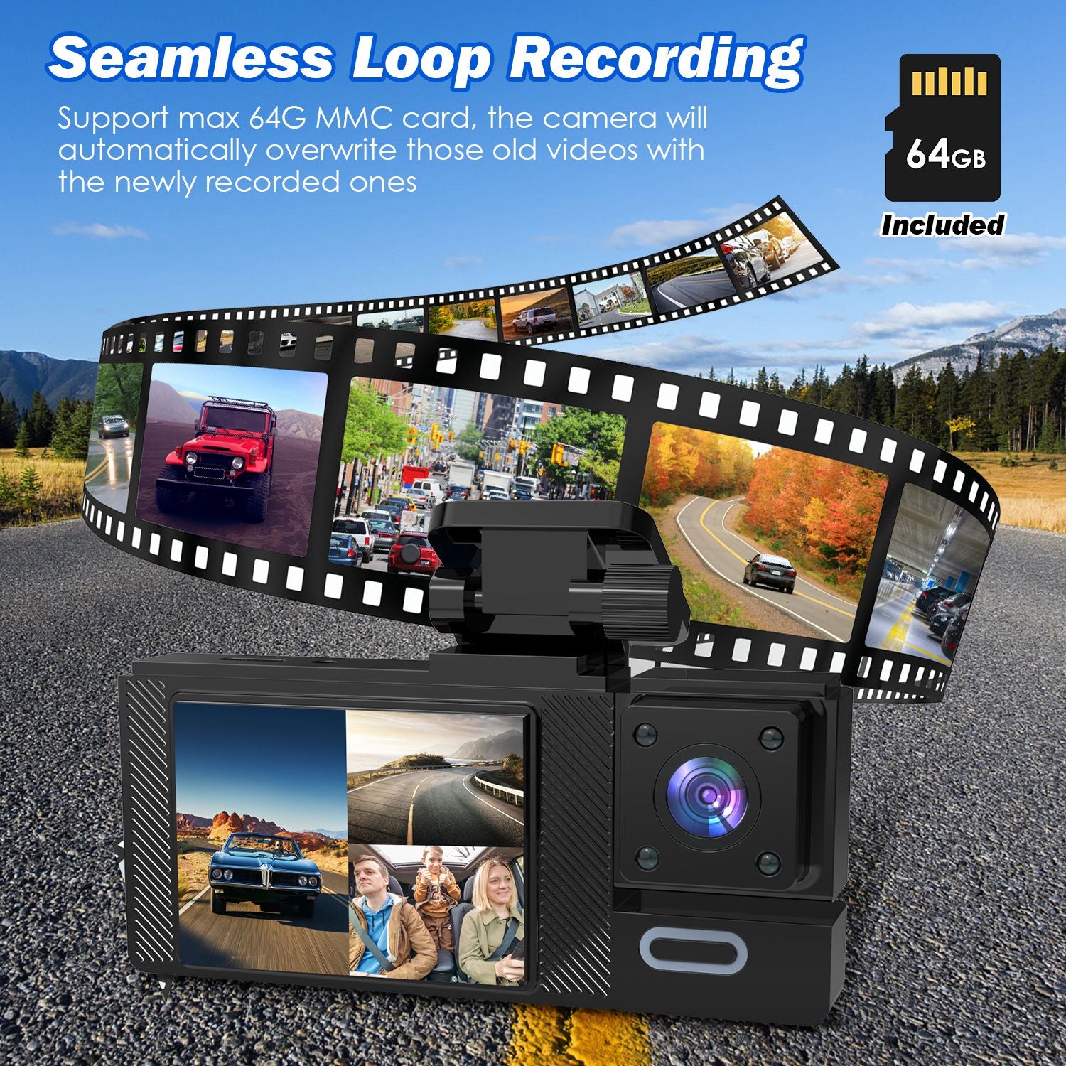 WiFi FHD 1080P Car Dash Cam 3 Channels Front Rear Inside Dash Camera with Loop