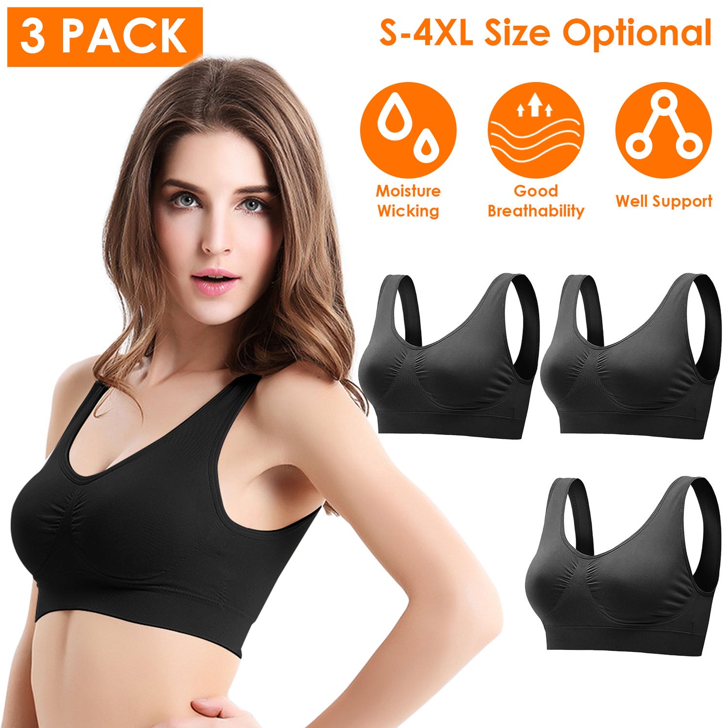 3 Pack Sport Bras For Women Seamless Wire-free Bra Light Support Tank Tops For