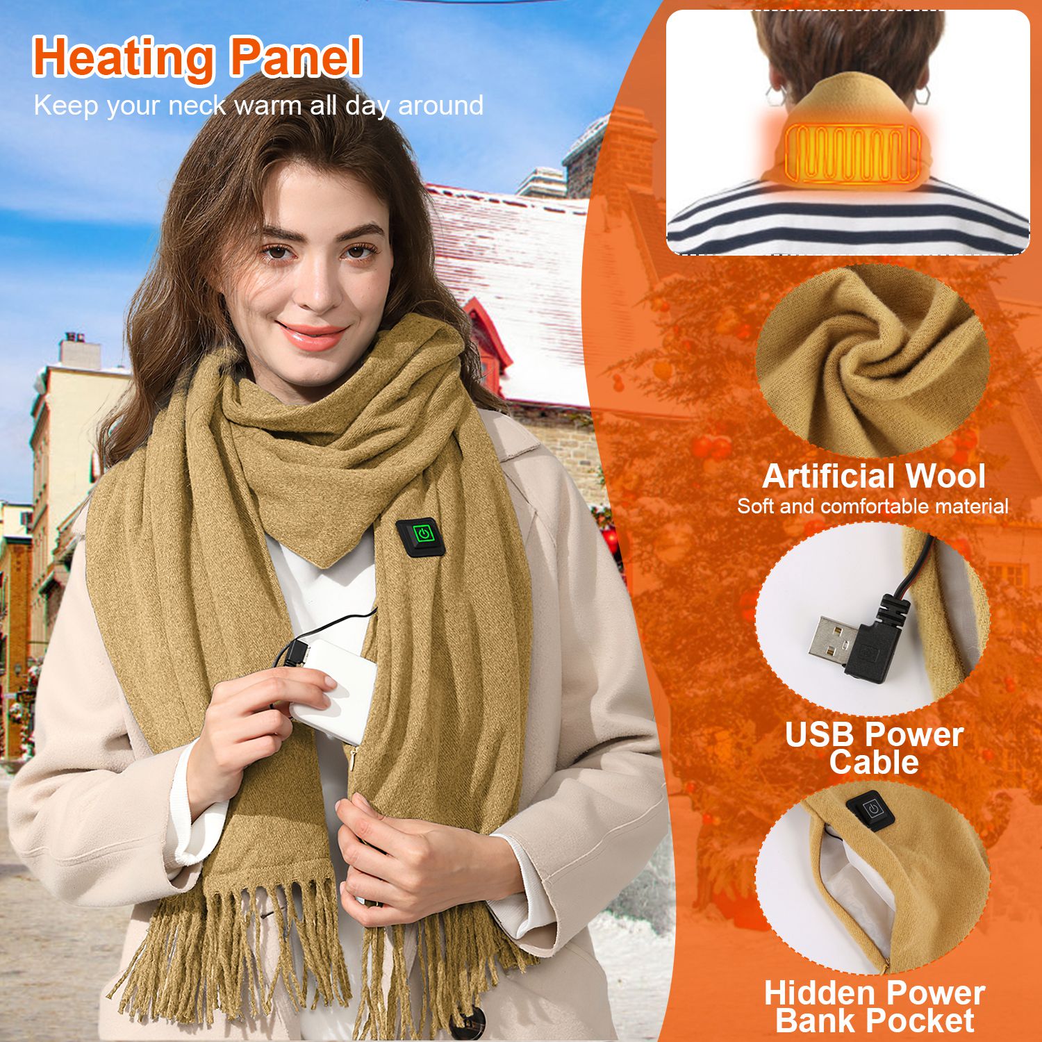 Electric Heated Winter Scarf USB Heating Neck Wrap Unisex Heated Neck Shawl