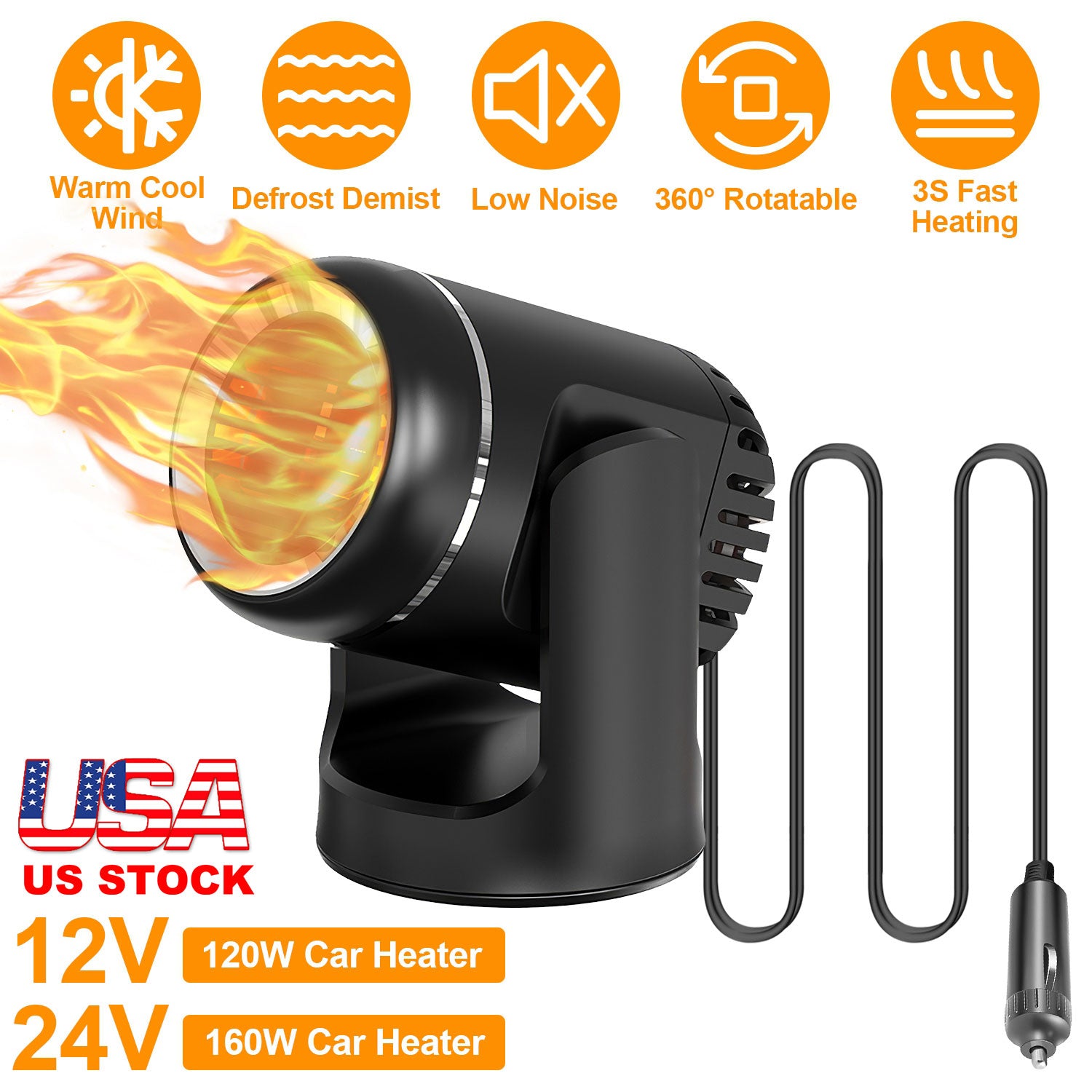 24V 160W Portable Car Heater 2 In 1 Heating Cooling Fan Rotatable Demister