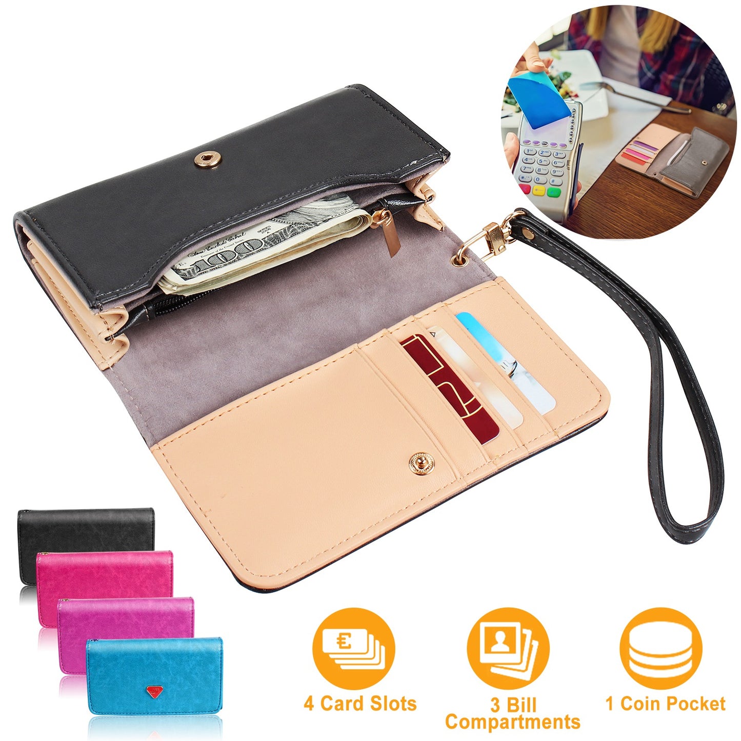 Women Wristlet Wallet PU Leather Lady Purse Credit Card Holder 4 Card Slots 3