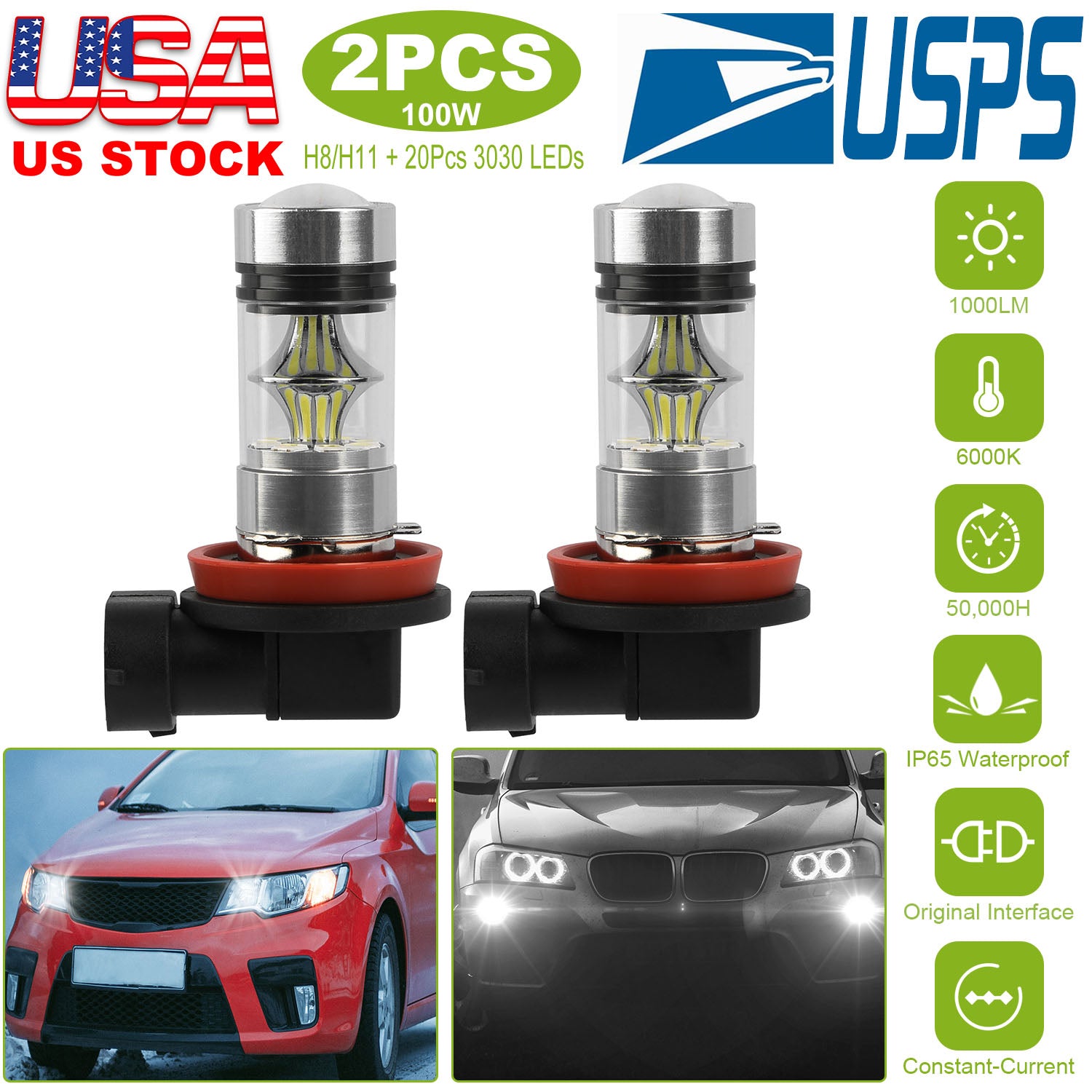 2PCS 1000lm 100W H8/H9/H11 LED Fog DRL Light Bulb IP65 Water-Resistant 360°