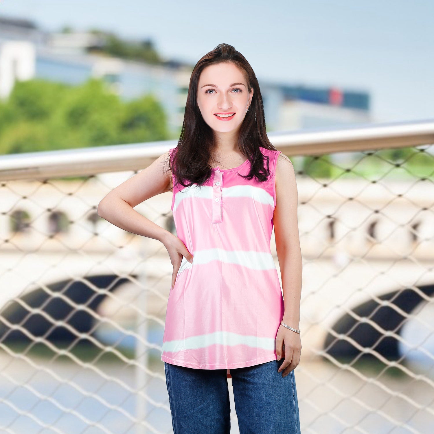 Women Tie-dye Sleeveless Tank Tops Summer Loose T Shirts Tops Button Down