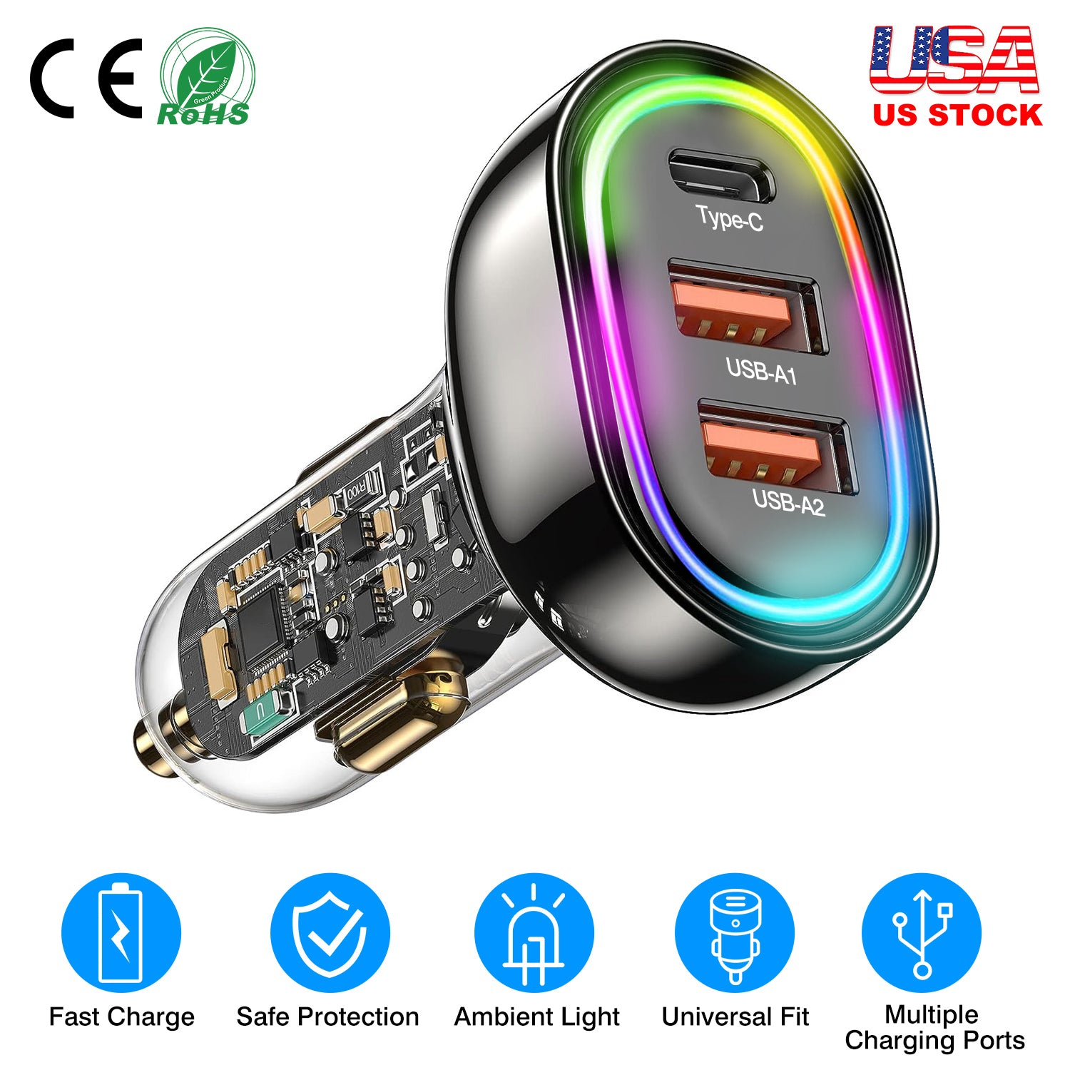 90W 3 Ports Fast Charge Car Charger QC3.0 PD3.0 USB Type-C LT Car Cigarette