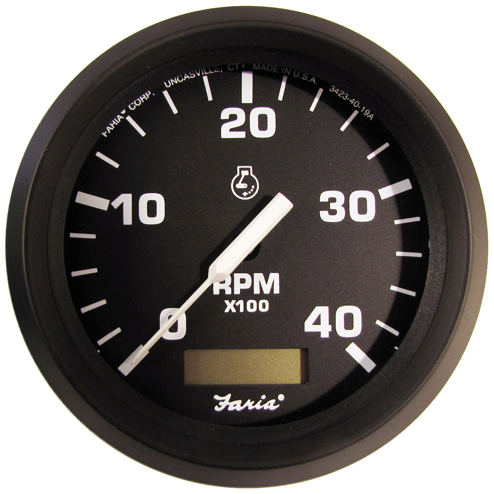Faria Euro Black 4" Tachometer w/Hourmeter (4000 RPM) (Diesel)(Mech. Takeoff Var. Ratio Alt.) [32834]