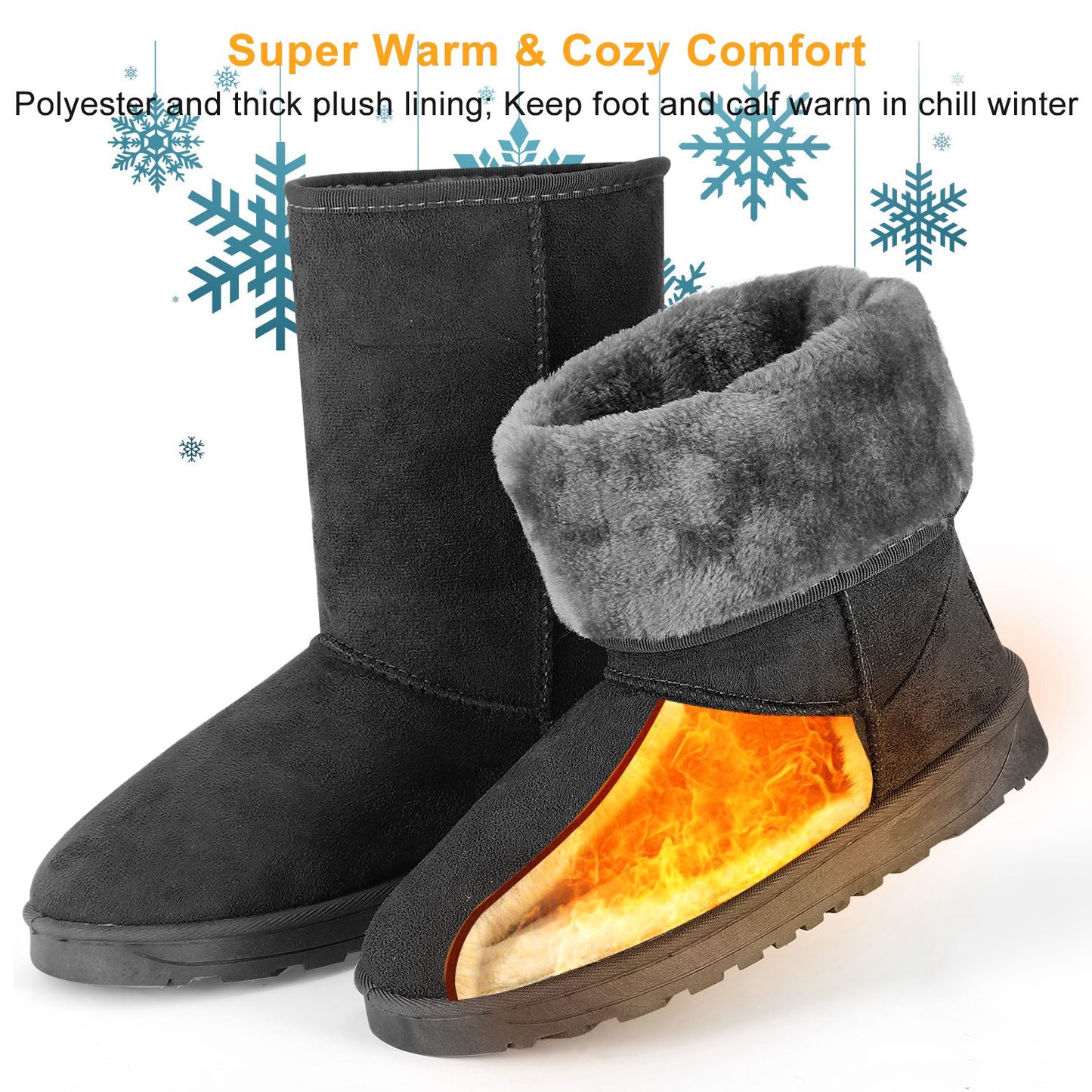 Women Ladies Snow Boots Waterproof Faux Suede Mid-Calf Boots Fur Warm Lining