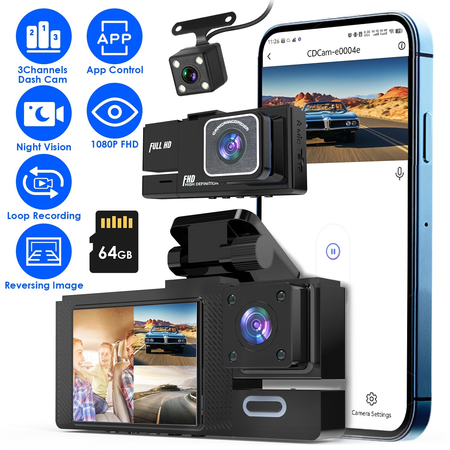 WiFi FHD 1080P Car Dash Cam 3 Channels Front Rear Inside Dash Camera with Loop