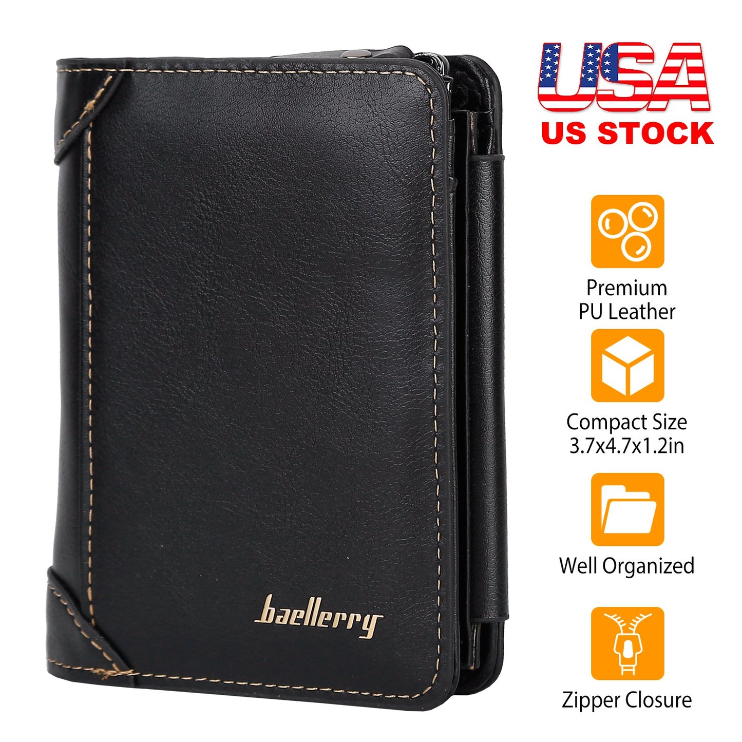 Men’s Leather Wallet ID Card Holder Purse Trifold Clutch Money Zipper with ID