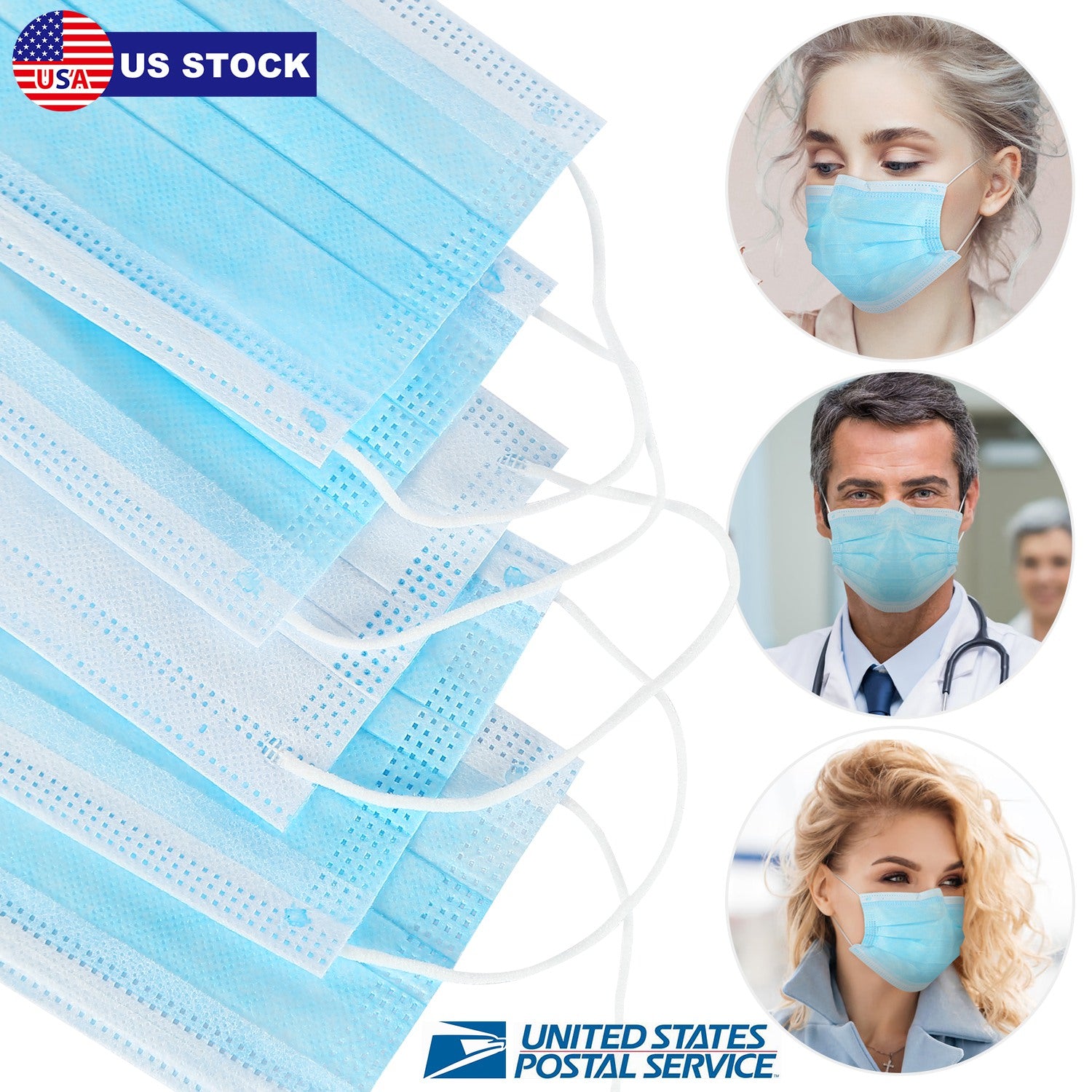 50Pcs 3-Layers Disposable Face Masks Elastic Earloop 95% Melt-Blown Filter