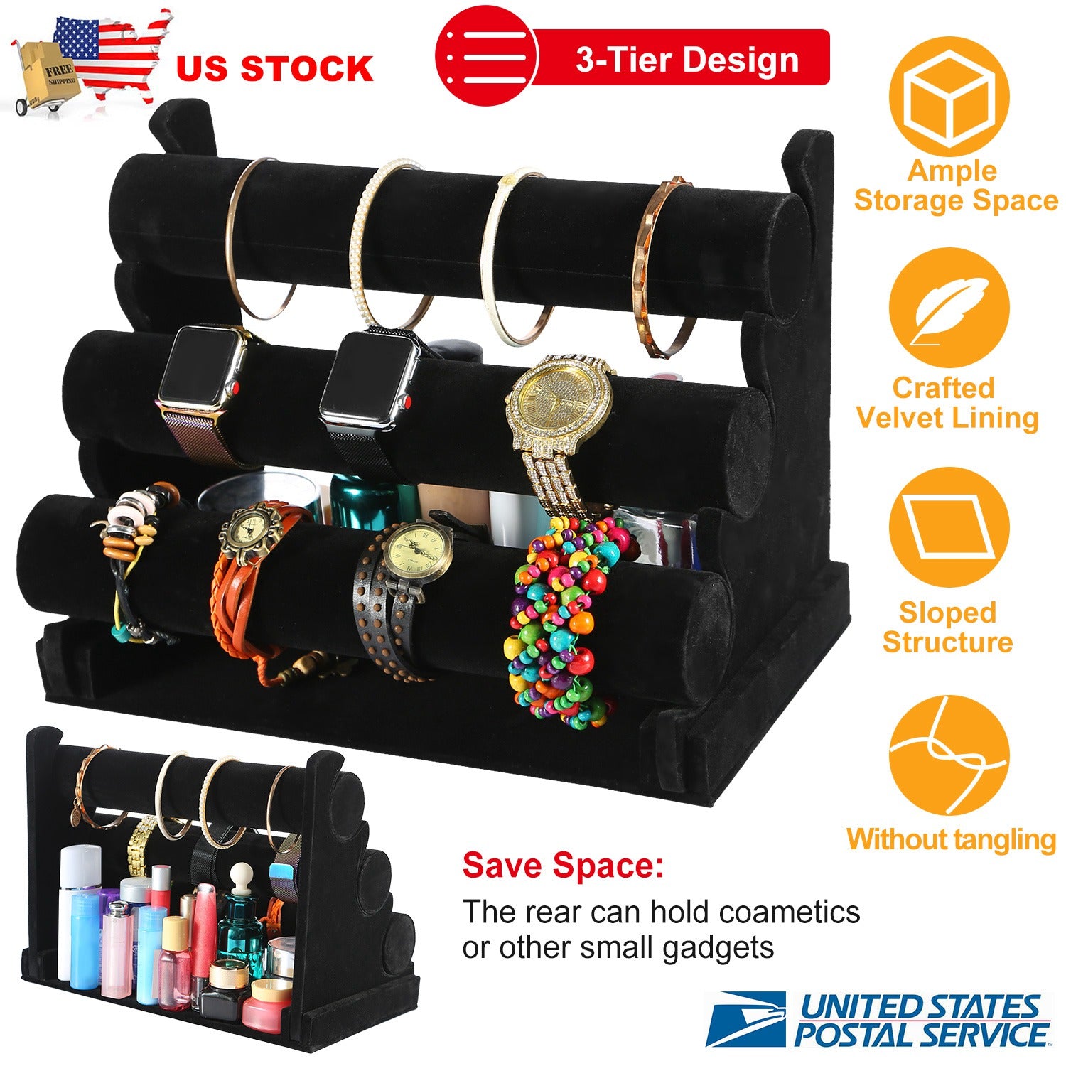 3-Tier Velvet Jewelry Stand Removable Bracelet Holder Watch Jewelry Bangle