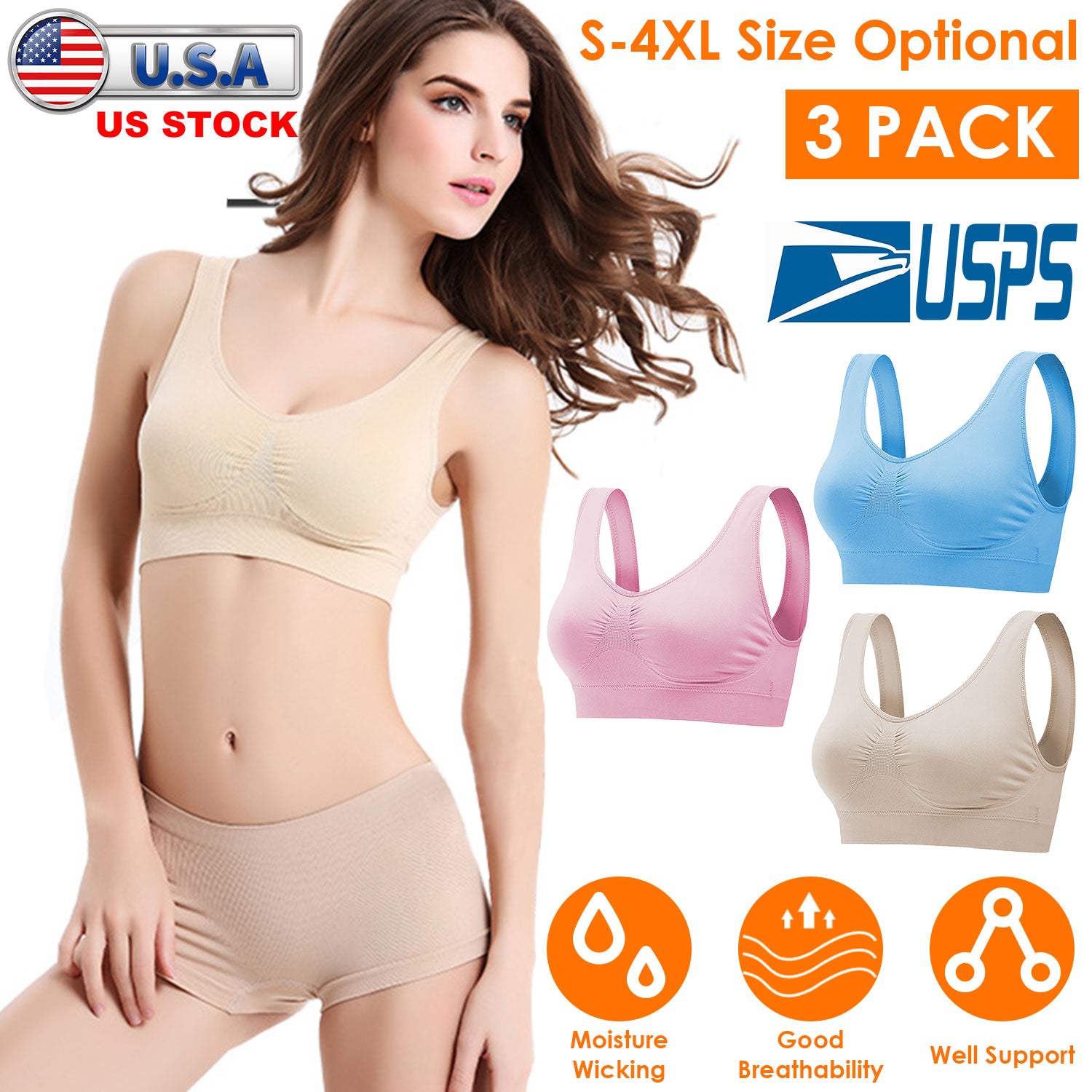3 Pack Sport Bras For Women Seamless Wire-free Bra Light Support Tank Tops For