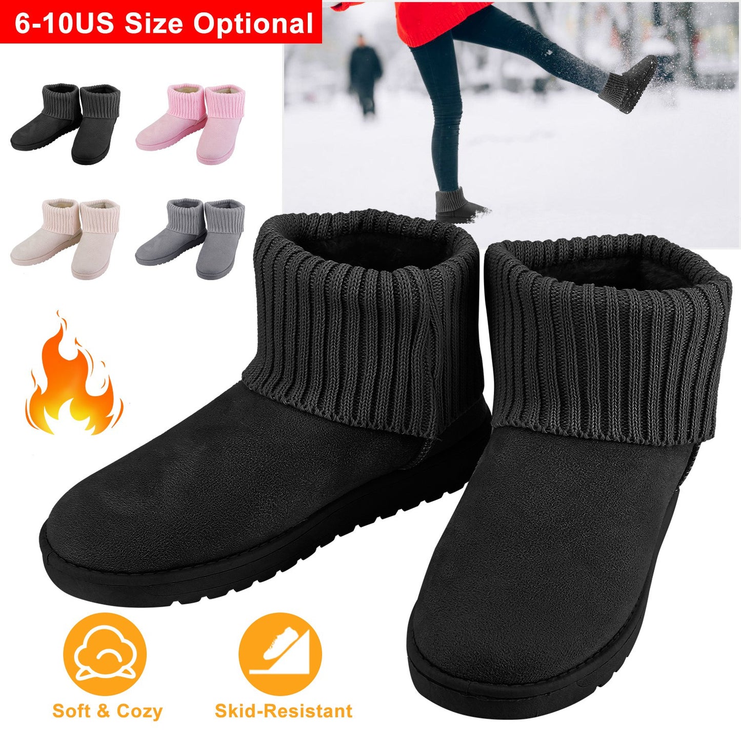 Women Lady Snow Boots Suede Mid-Calf Boot Shoe Short Plush Warm Lining Shoes w/