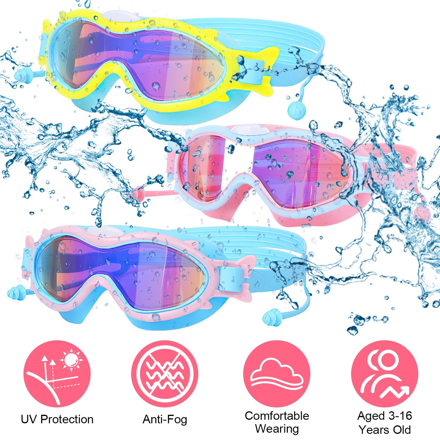 Kids Swim Goggles With Ear Plugs UV Protection Anti-Fog Leak Proof Wide View