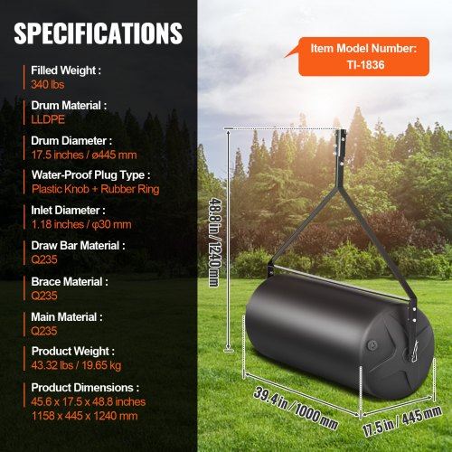 Tow Behind Lawn Roller 400lbs Sand/Water Filled Yard Roller LLDPE Drum