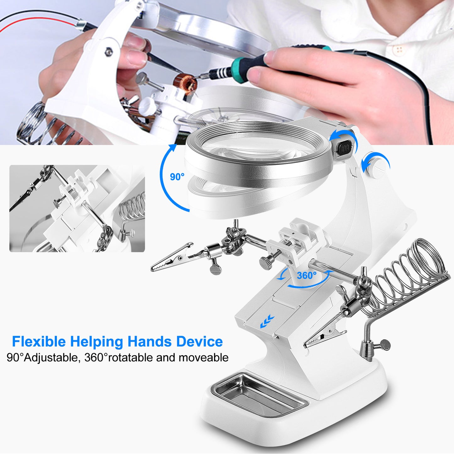 LED Light Helping Hands Magnifying Glass 3X/4.5X w/ 360°Adjust Third Hand