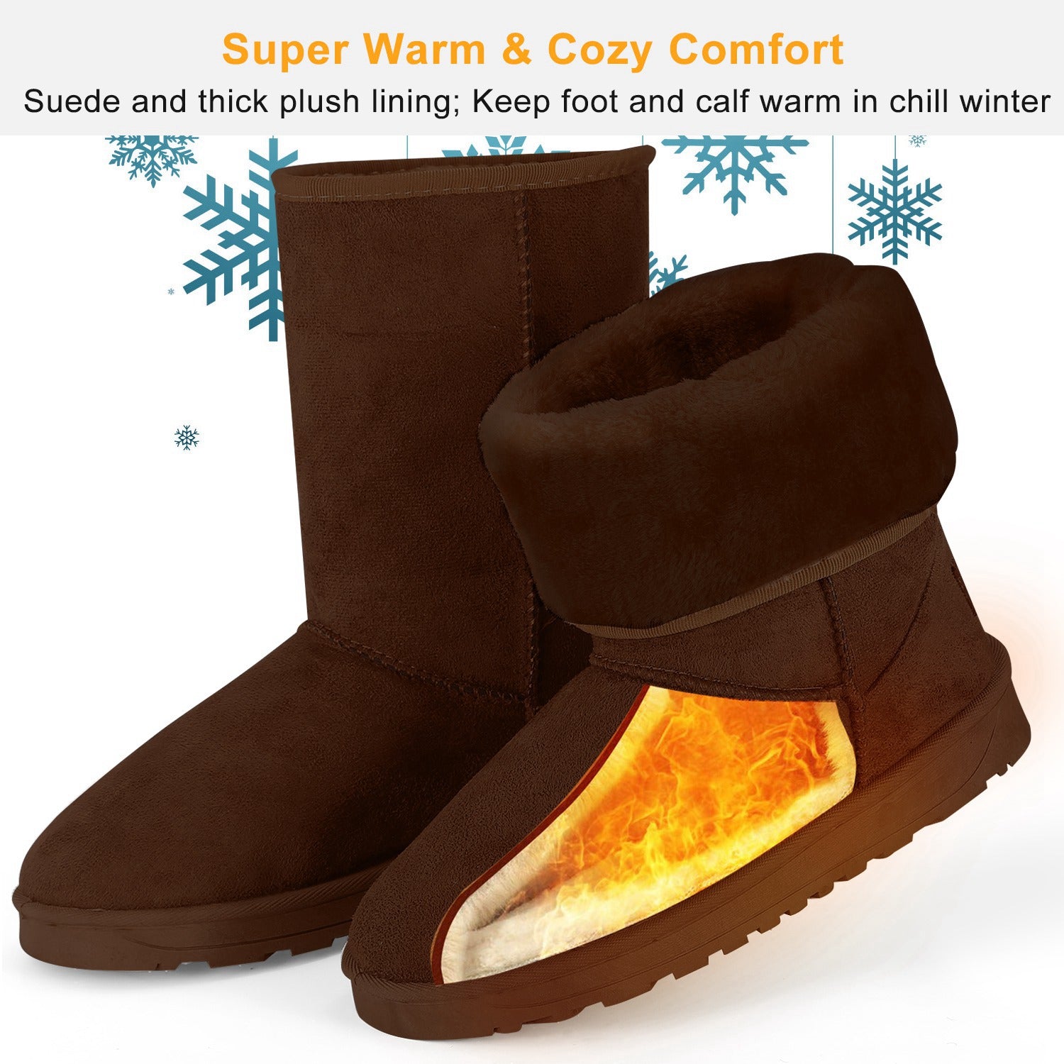 Women Ladies Snow Boots Waterproof Faux Suede Mid-Calf Boots Fur Warm Lining