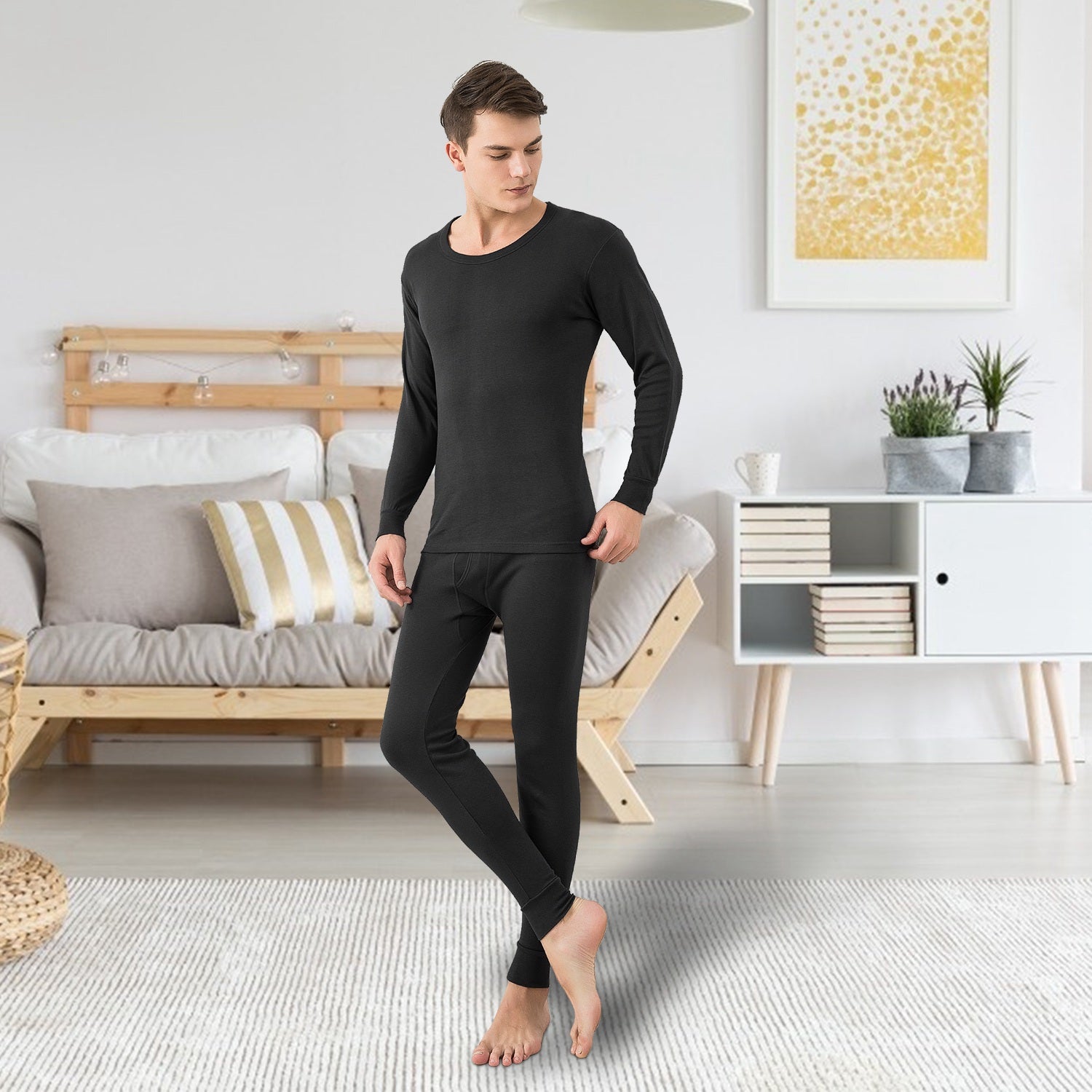 Men Thermal Underwear Set Long Johns Pants Long Sleeve Soft Underwear Kit Top