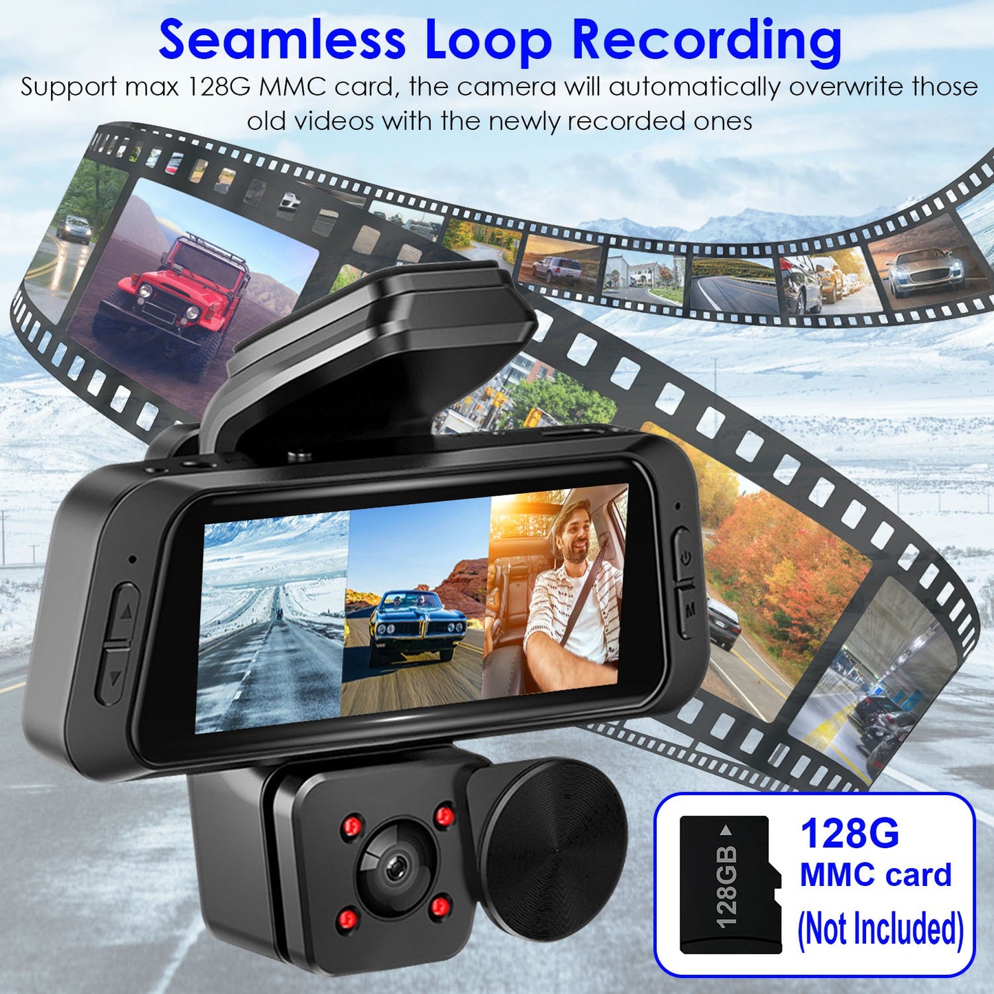 1080P FHD 3 Channel WiFi Dash Cam 170° Wide Angle Triple Car Camera With IR