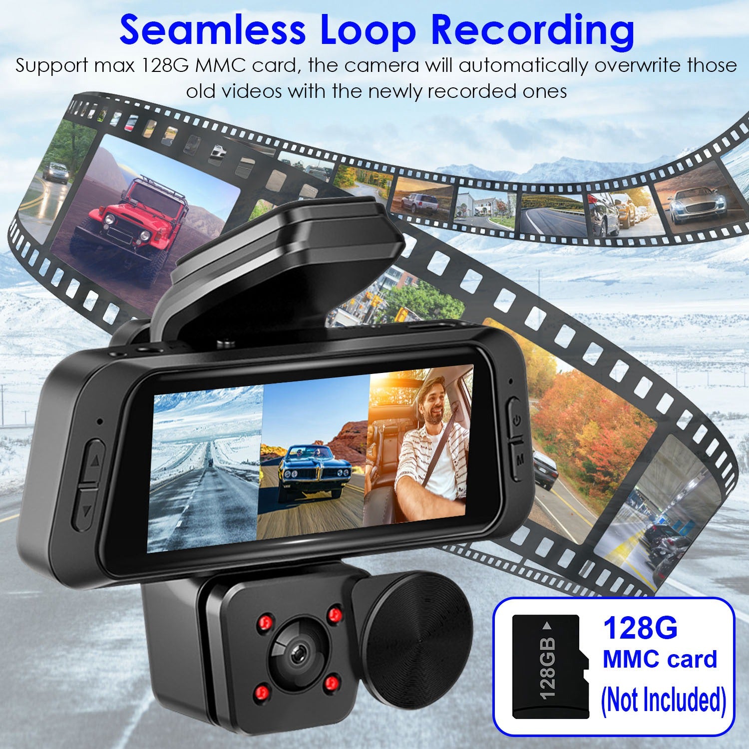 1080P FHD 3 Channel WiFi Dash Cam 170° Wide Angle Triple Car Camera With IR