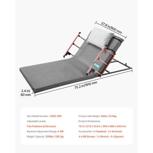 Electric Lifting Backrest 300 lbs 4-68 Adjustable with Folable Guardrail